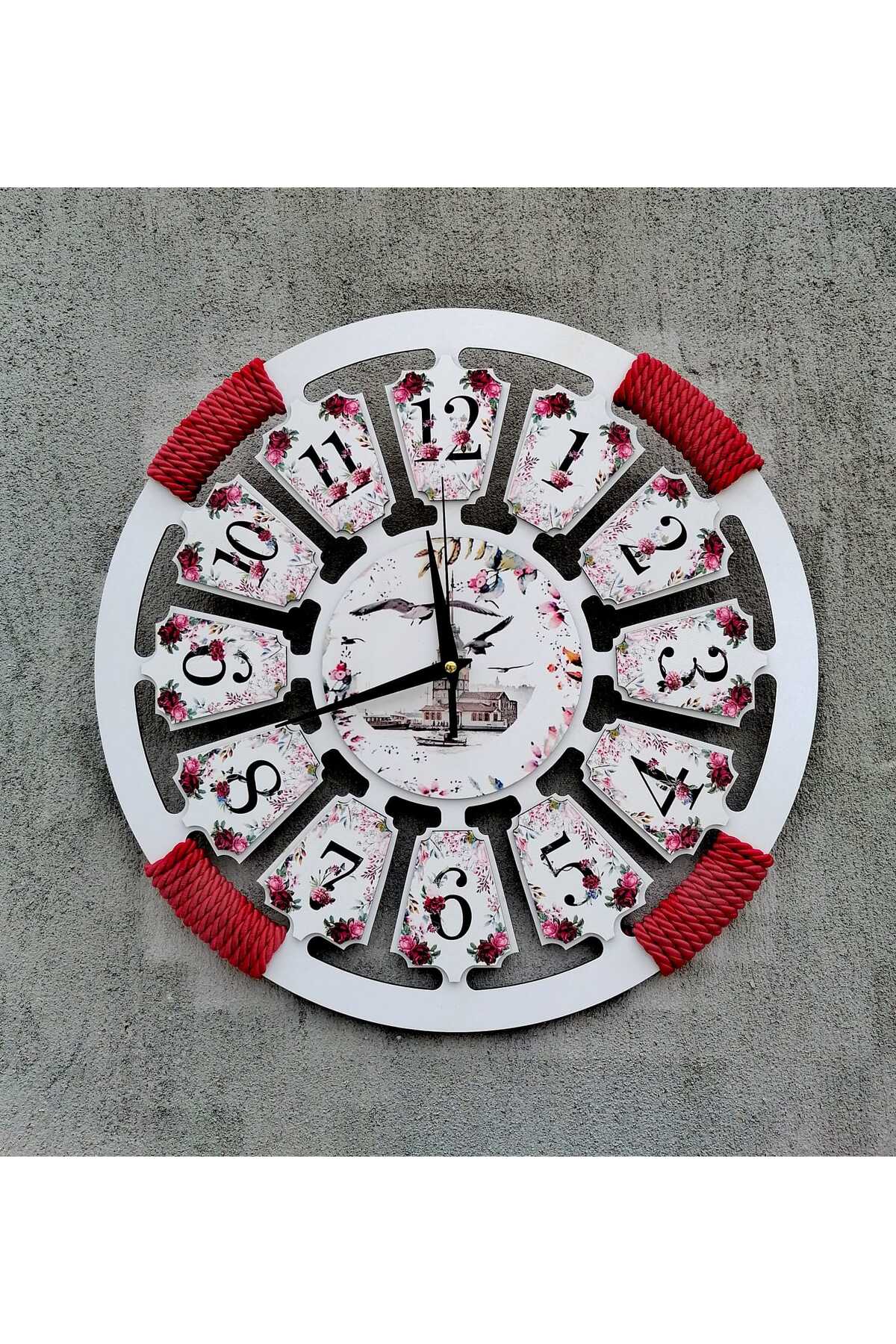 Bilge tasarım Ahşap Duvar Saati kırmızı Hasır Halat Detaylı 40 x 40 cm