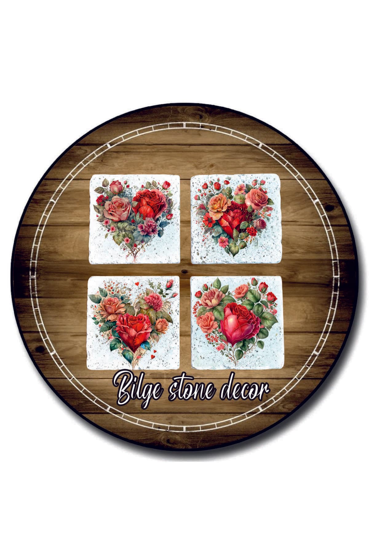 bilge tasarım Stone Decor Taş Bardak Altlığı 4'lü Set 10x10x1 Cm desenli