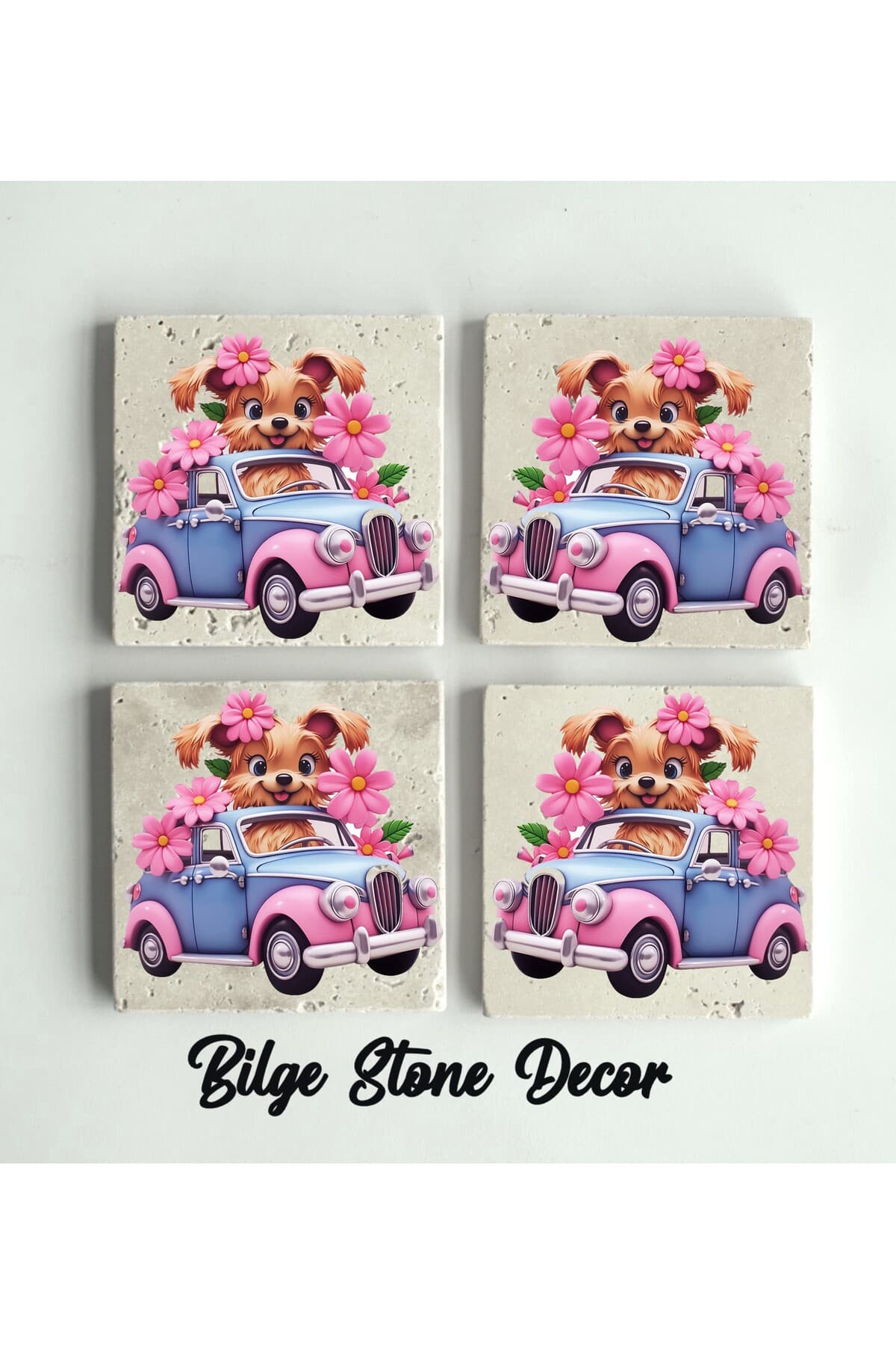 bilge tasarım Stone Decor Taş Bardak Altlığı 4'lü Set 10x10x1 Cm desenli