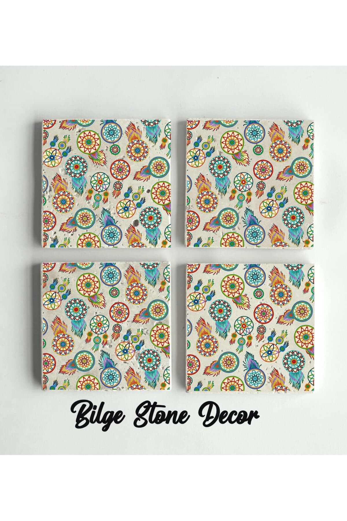 bilge tasarım Stone Decor Taş Bardak Altlığı 4'lü Set 10x10x1 Cm desenli