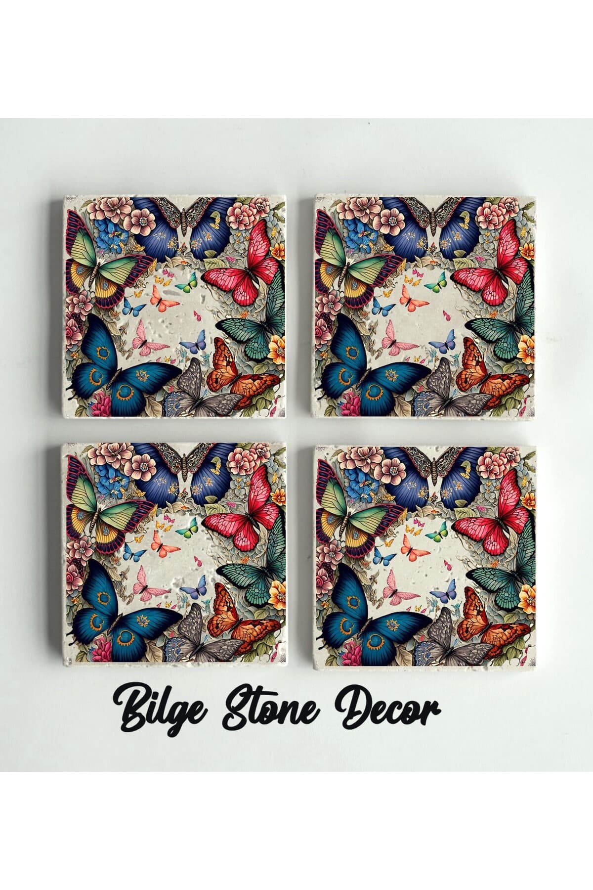 bilge tasarım Stone Decor Taş Bardak Altlığı 4'lü Set 10x10x1 Cm desenli