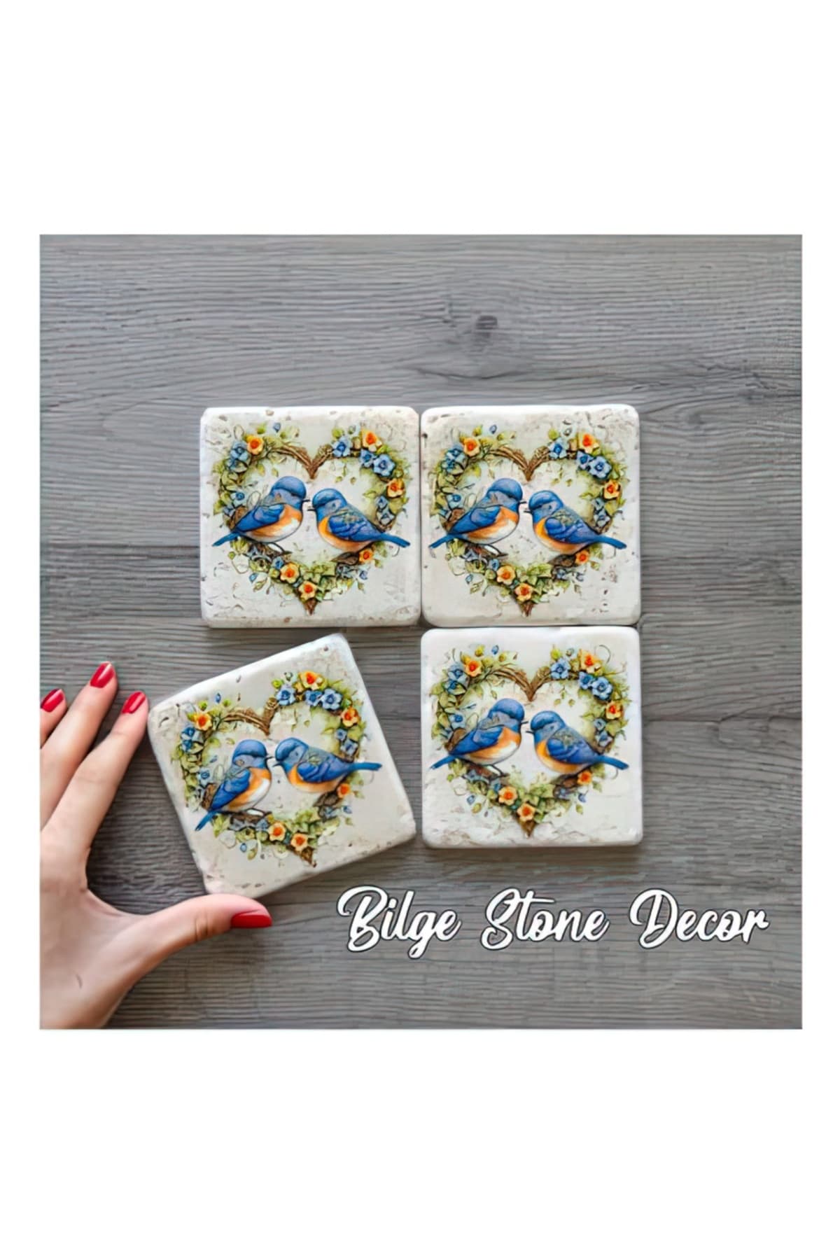 bilge tasarım Stone Decor Taş Bardak Altlığı 4'lü Set 10x10x1 Cm desenli