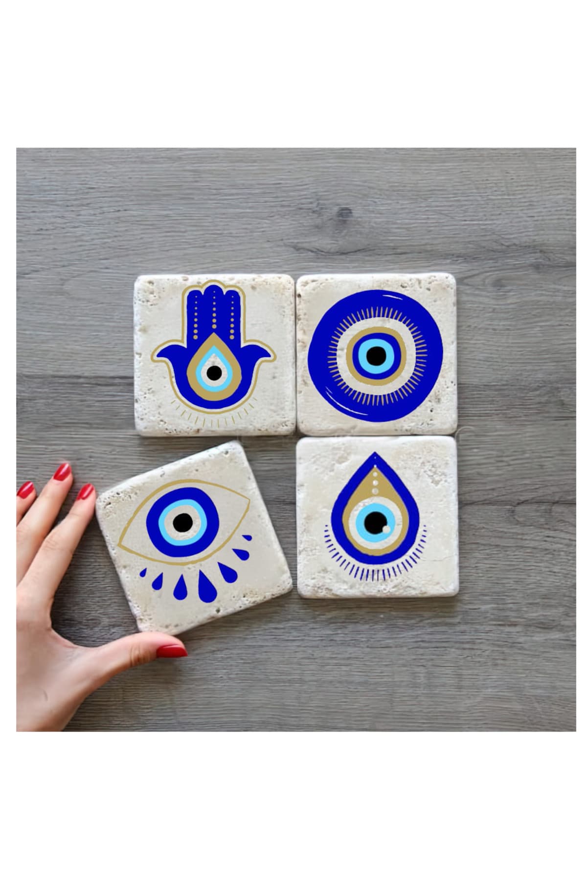 bilge tasarım Stone Decor Taş Bardak Altlığı 4'lü Set 10x10x1 Cm desenli