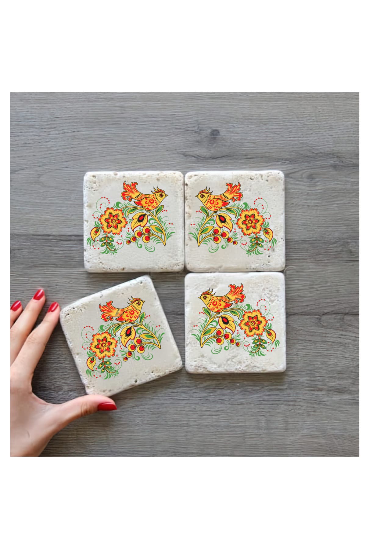 bilge tasarım Stone Decor Taş Bardak Altlığı 4'lü Set 10x10x1 Cm desenli