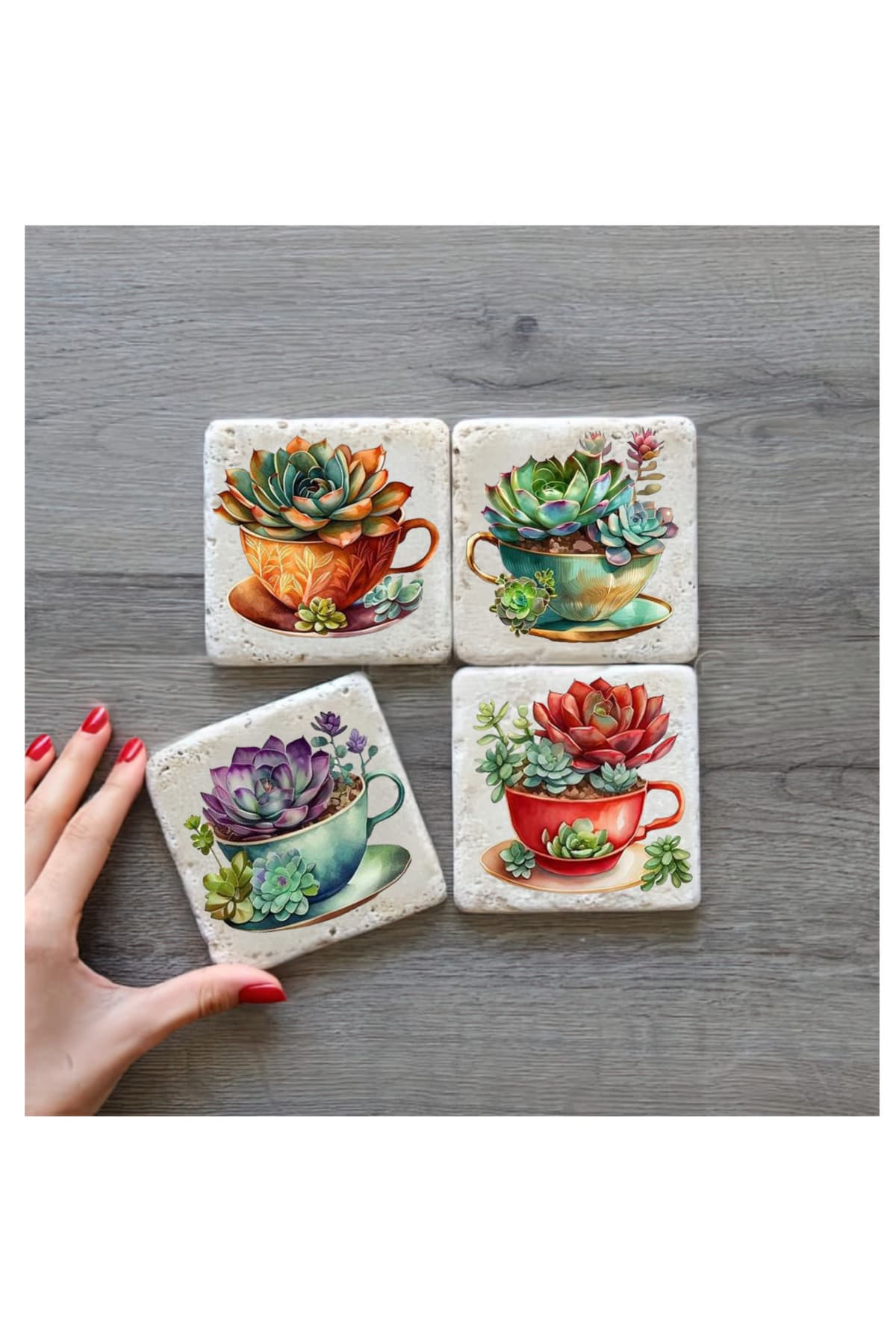 bilge tasarım Stone Decor Taş Bardak Altlığı 4'lü Set 10x10x1 Cm desenli