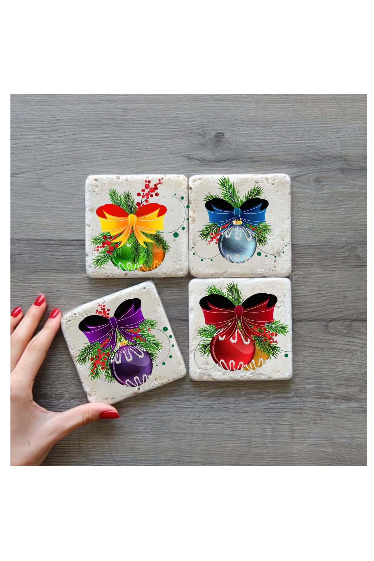 bilge tasarım Stone Decor Taş Bardak Altlığı 4'lü Set 10x10x1 Cm desenli