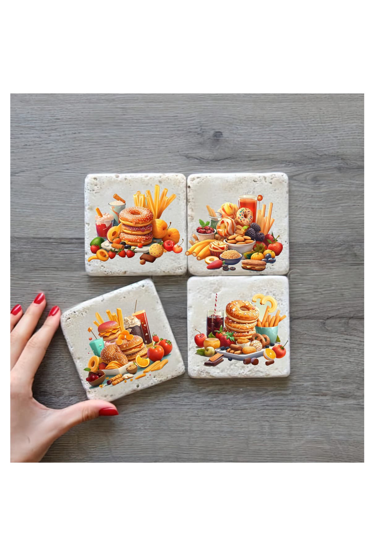 bilge tasarım Stone Decor Taş Bardak Altlığı 4'lü Set 10x10x1 Cm desenli