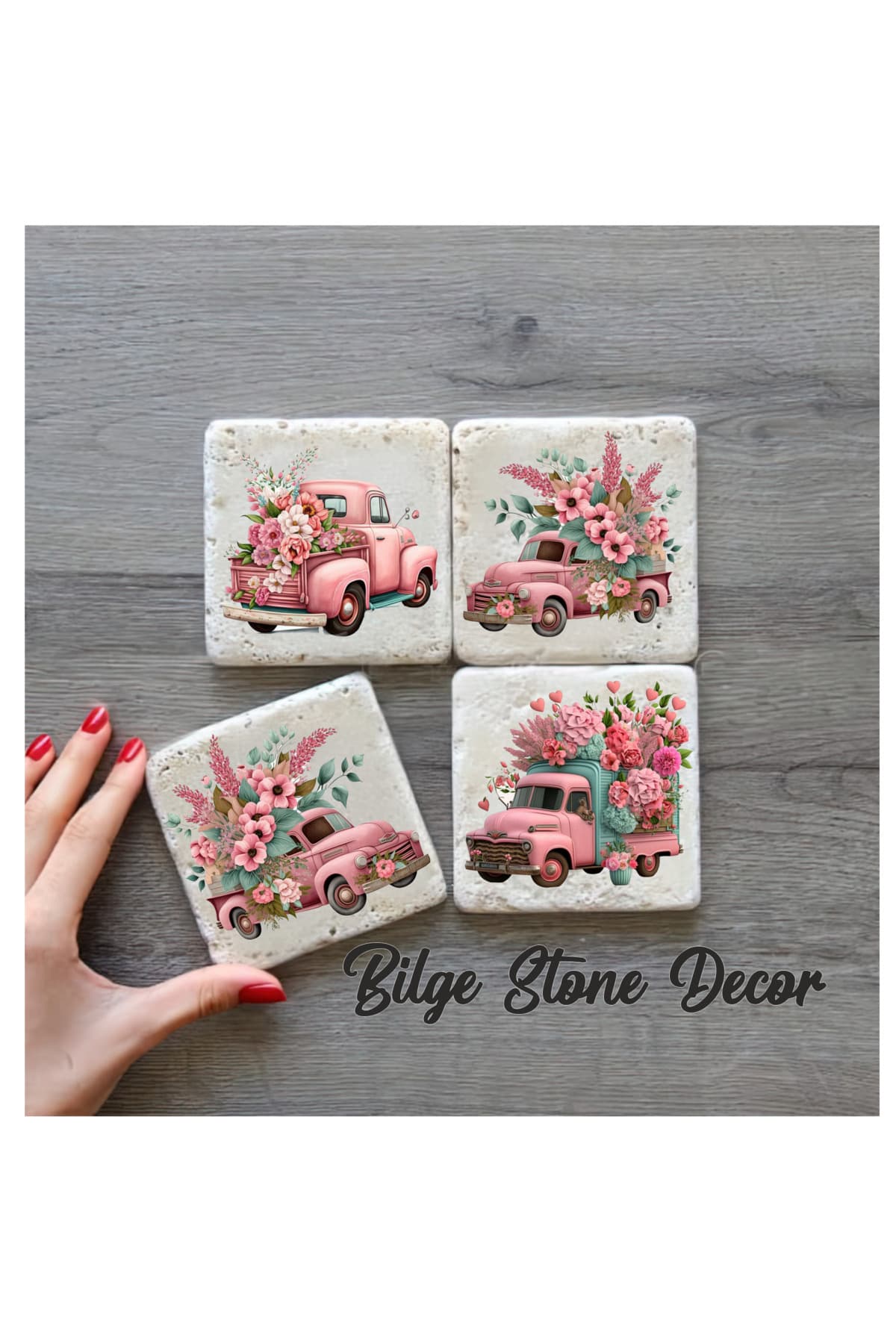 bilge tasarım Stone Decor Taş Bardak Altlığı 4'lü Set 10x10x1 Cm desenli