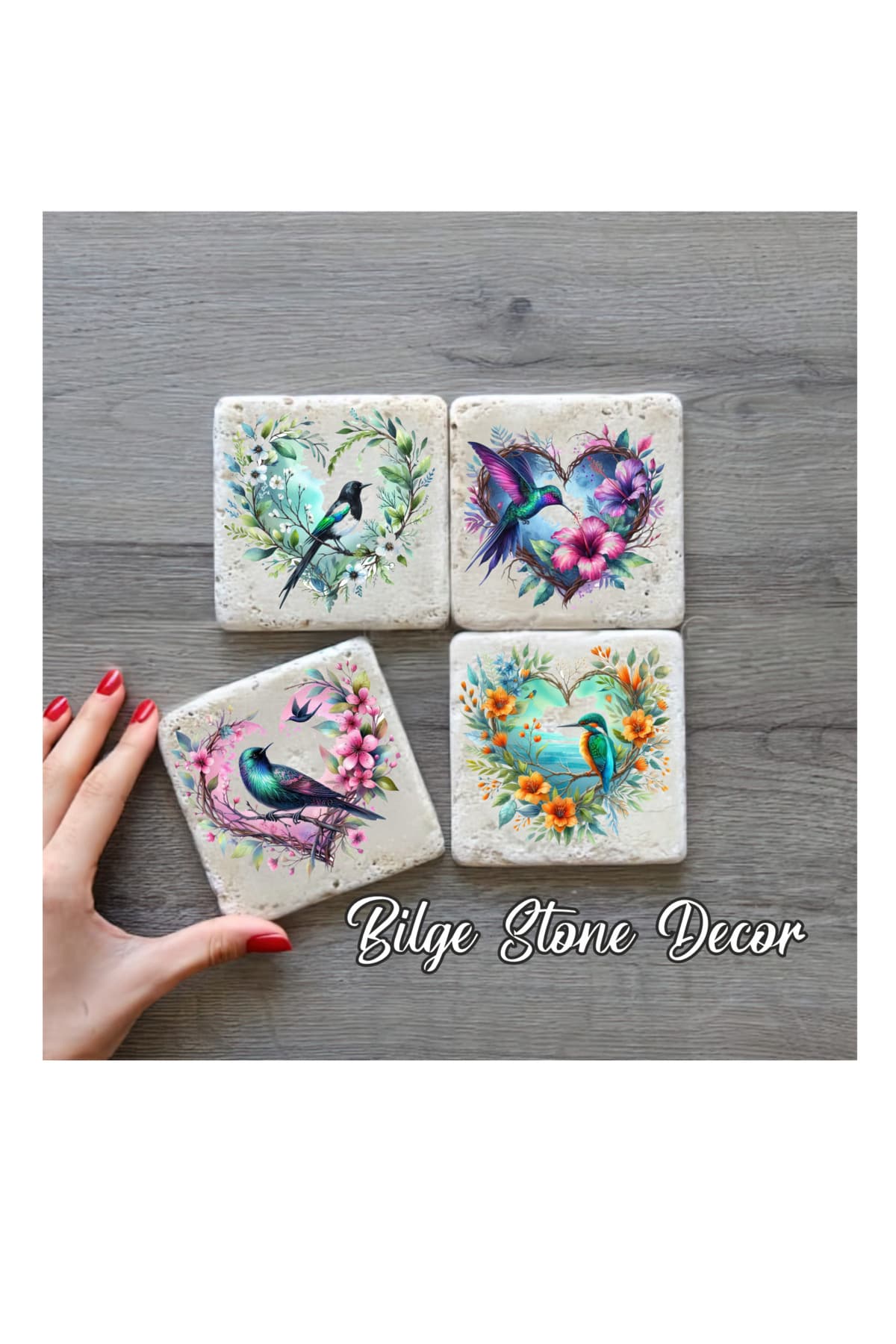 bilge tasarım Stone Decor Taş Bardak Altlığı 4'lü Set 10x10x1 Cm desenli