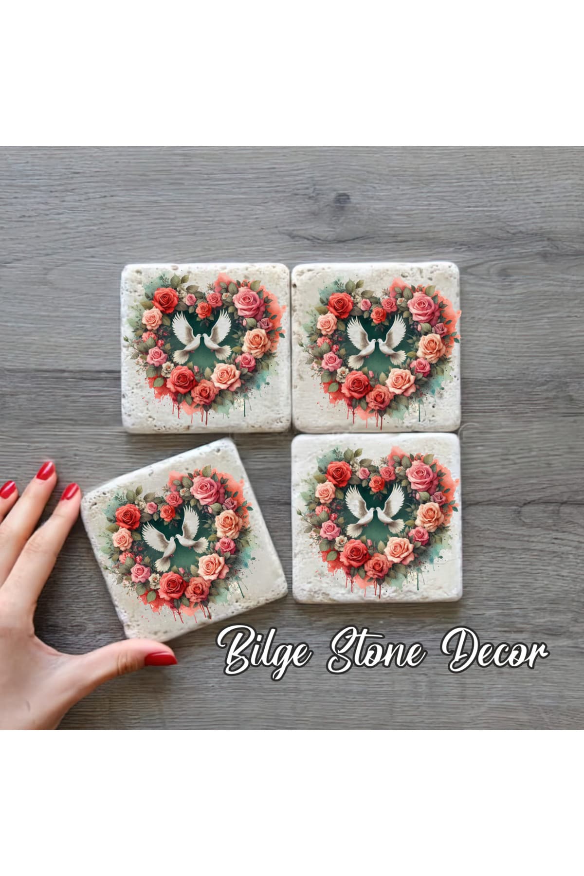 bilge tasarım Stone Decor Taş Bardak Altlığı 4'lü Set 10x10x1 Cm desenli