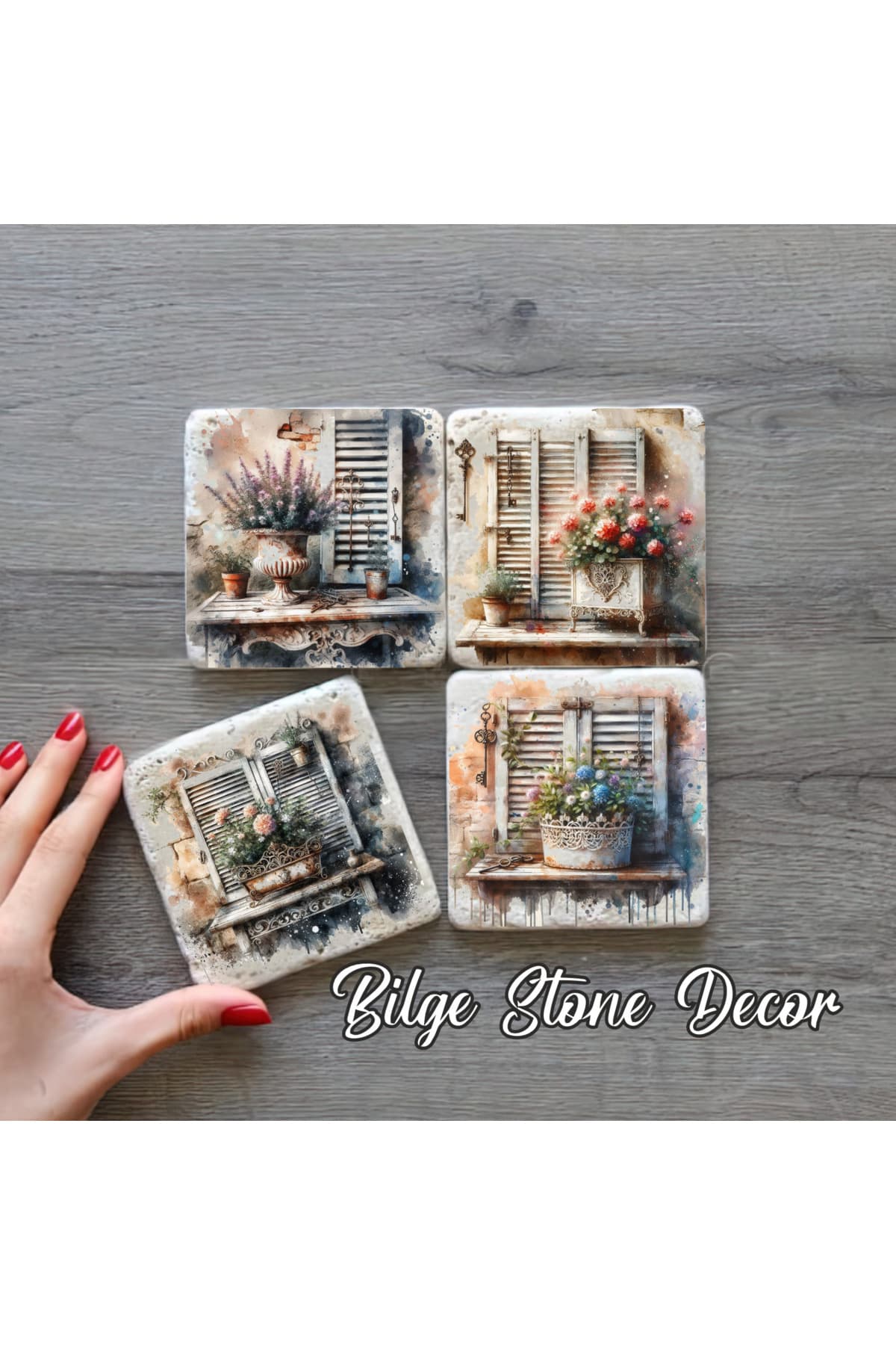 bilge tasarım Stone Decor Taş Bardak Altlığı 4'lü Set 10x10x1 Cm desenli