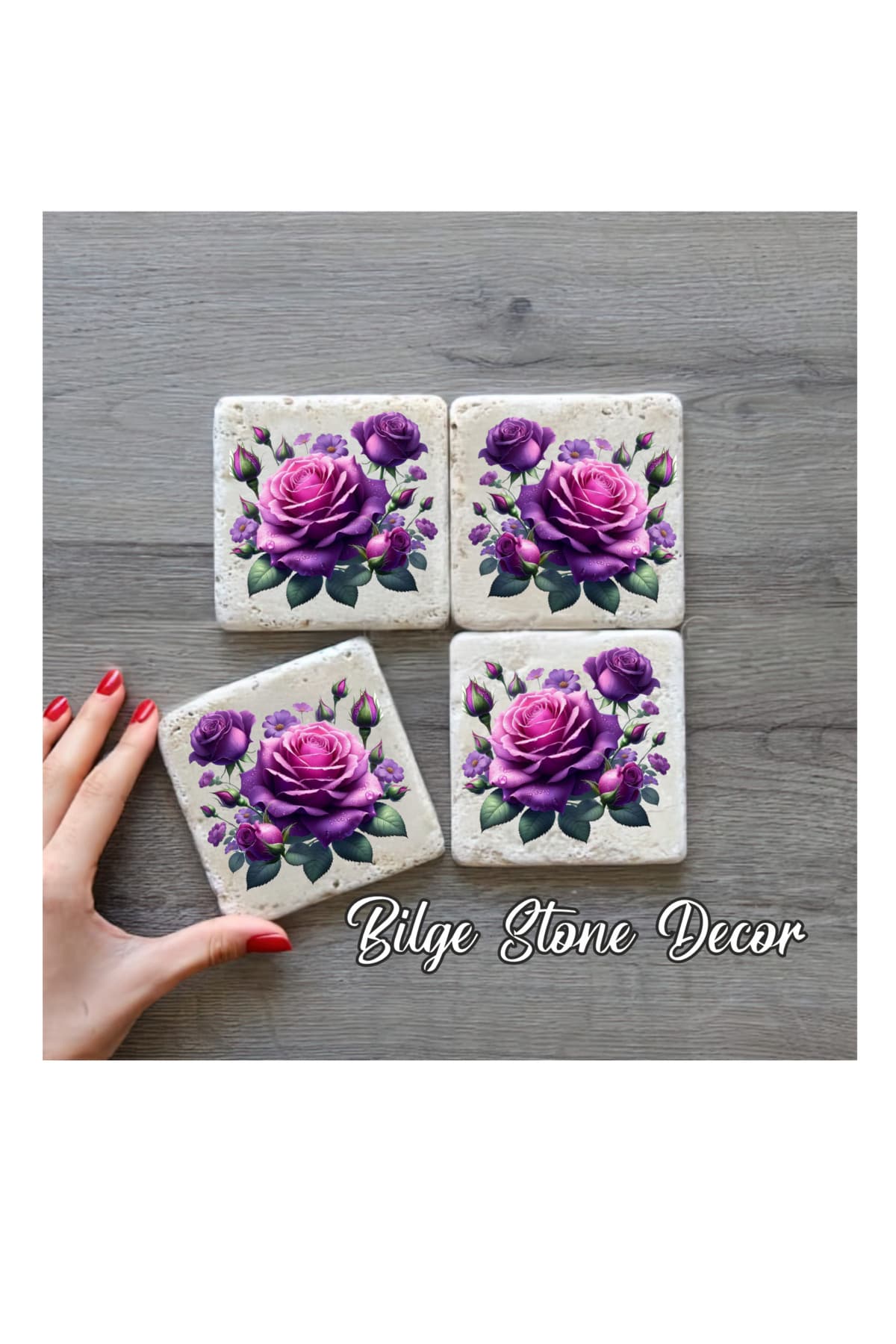 bilge tasarım Stone Decor Taş Bardak Altlığı 4'lü Set 10x10x1 Cm desenli