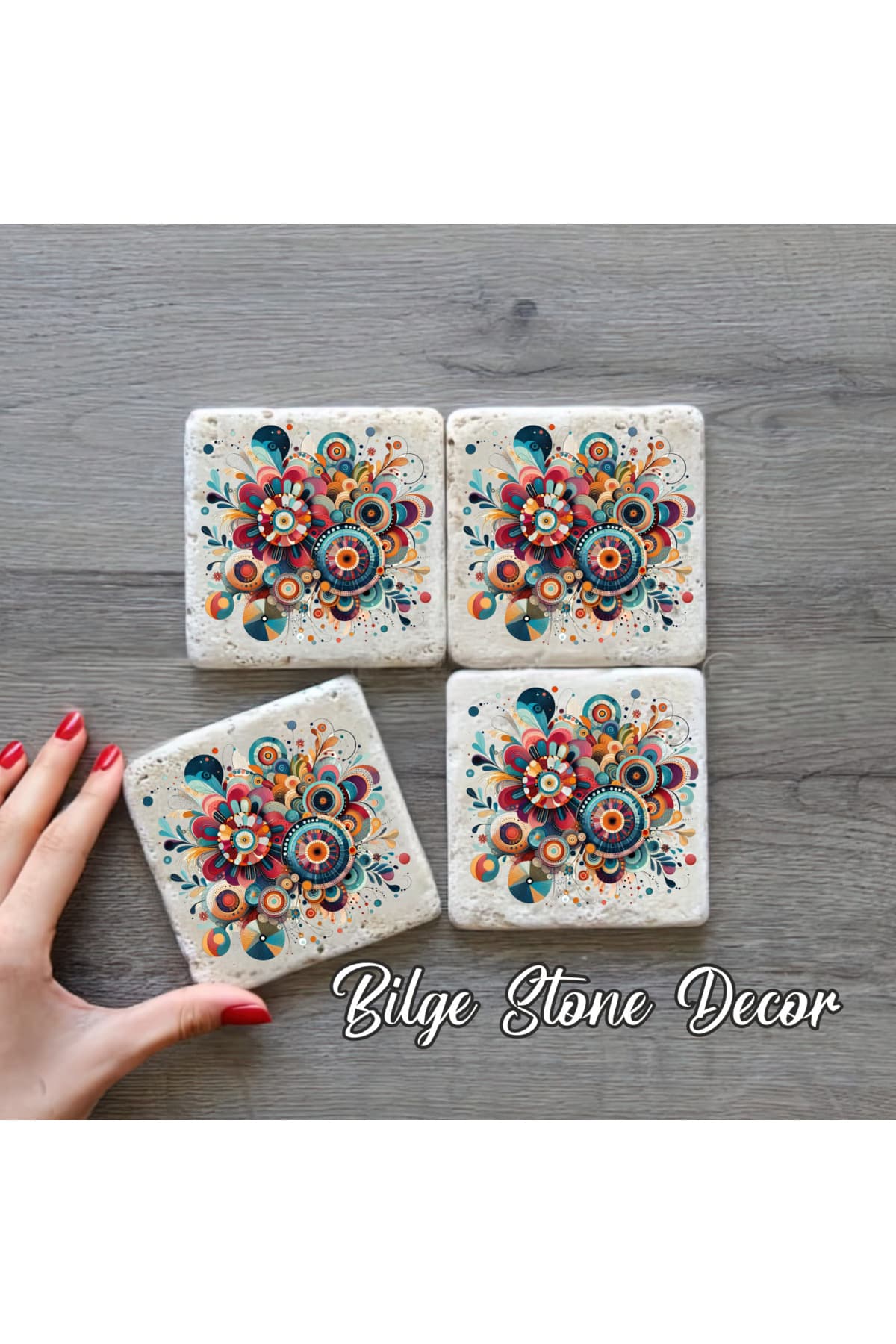 bilge tasarım Stone Decor Taş Bardak Altlığı 4'lü Set 10x10x1 Cm desenli