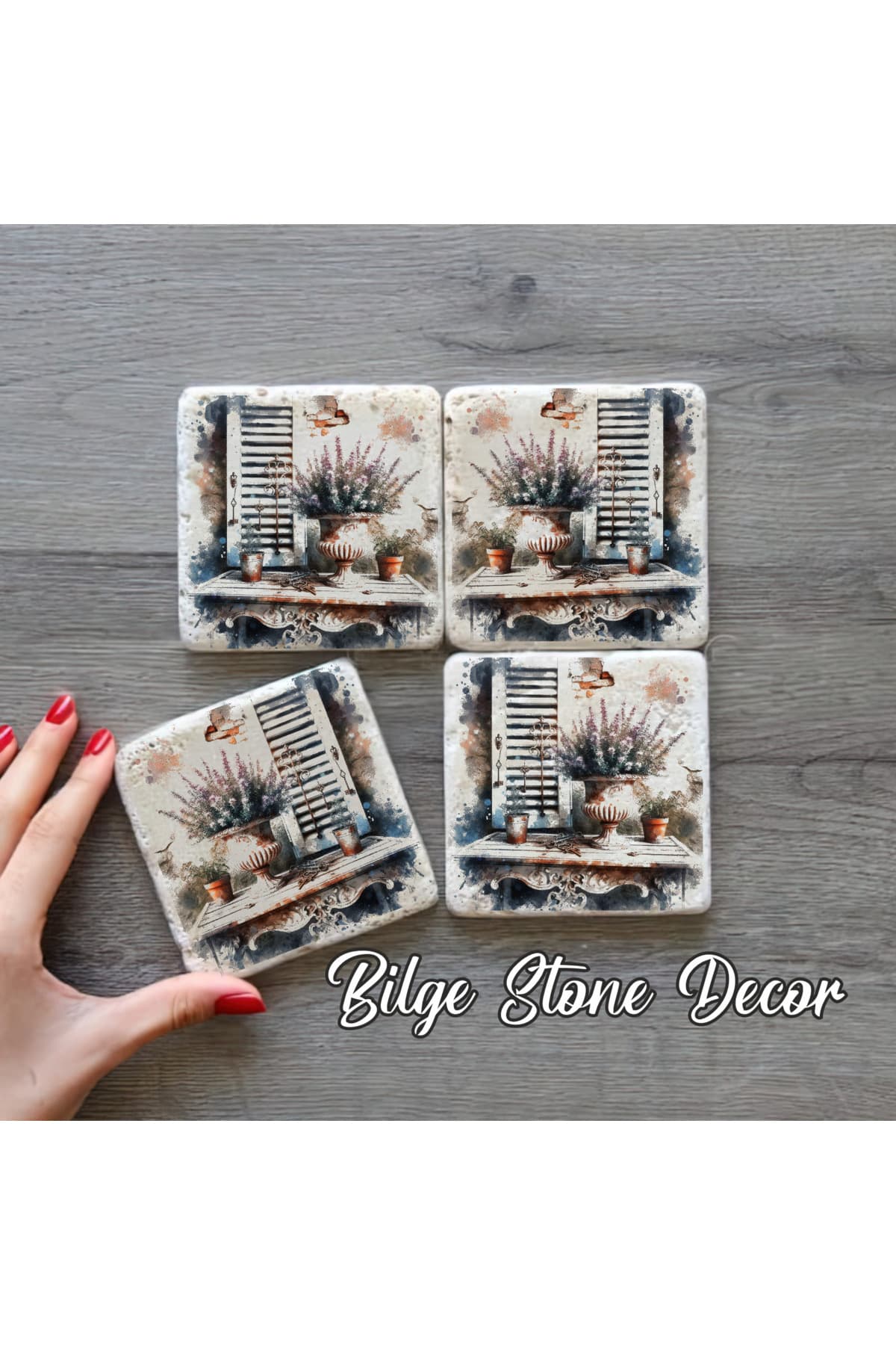 bilge tasarım Stone Decor Taş Bardak Altlığı 4'lü Set 10x10x1 Cm desenli