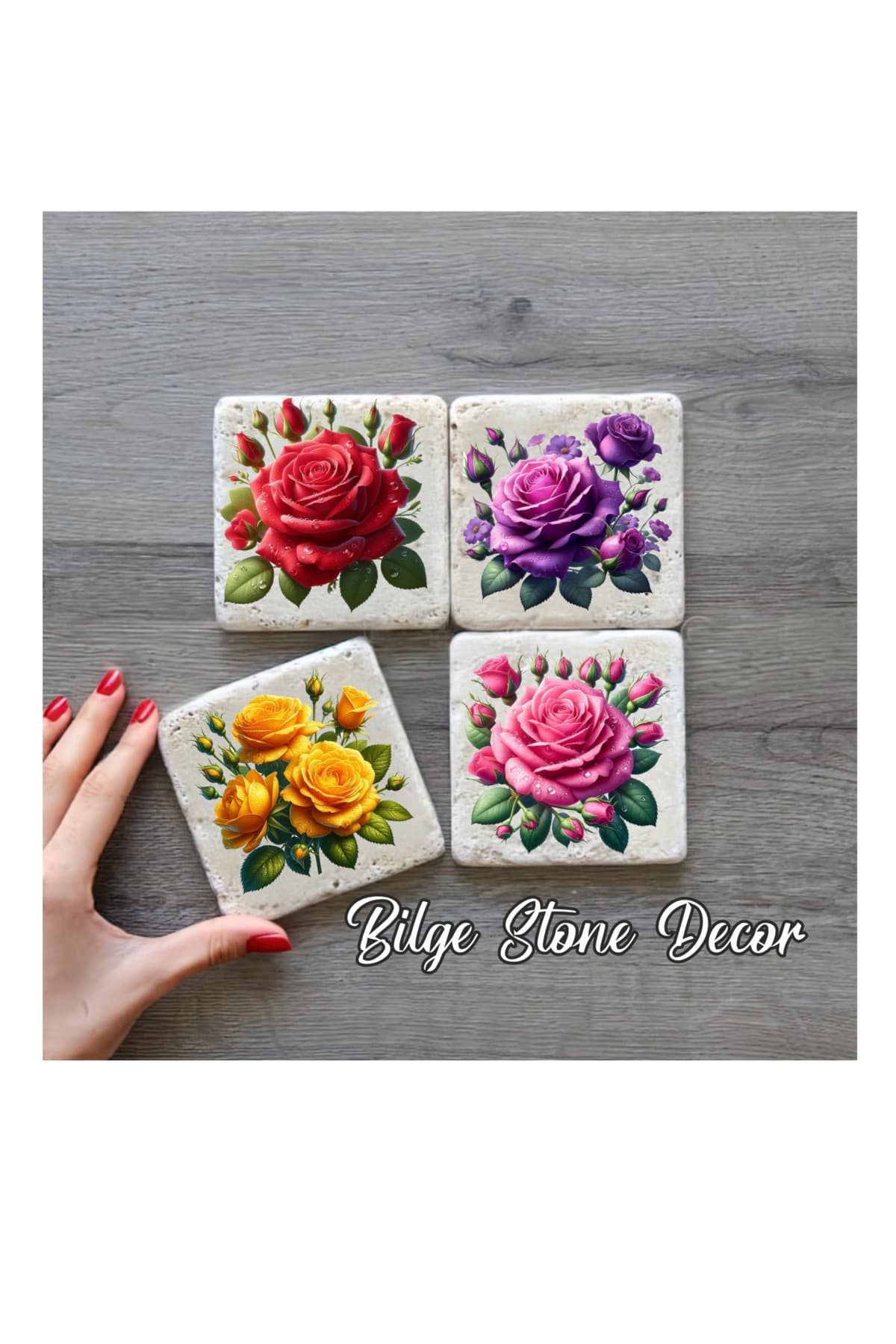 bilge tasarım Stone Decor Taş Bardak Altlığı 4'lü Set 10x10x1 Cm desenli