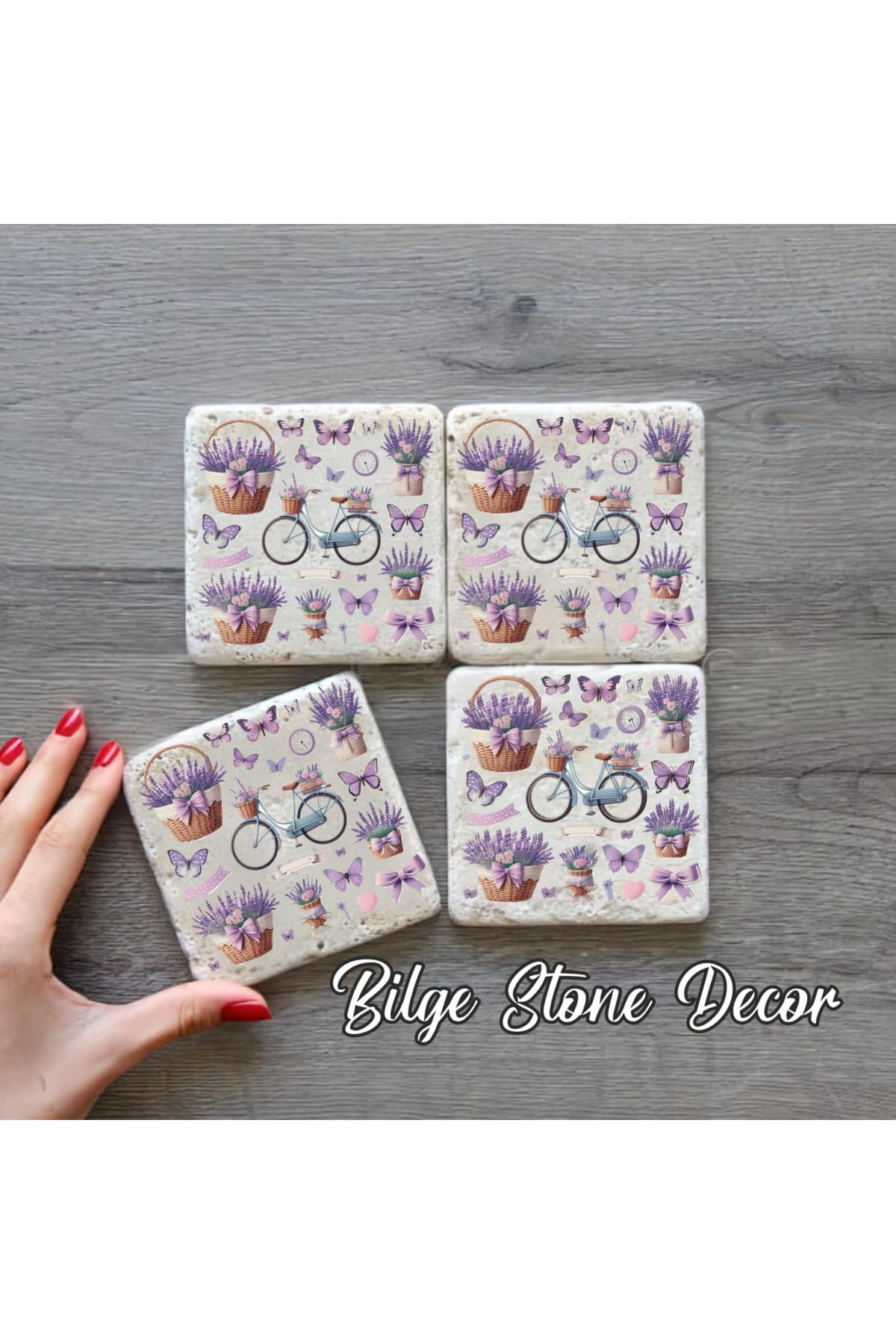 bilge tasarım Stone Decor Taş Bardak Altlığı 4'lü Set 10x10x1 Cm desenli