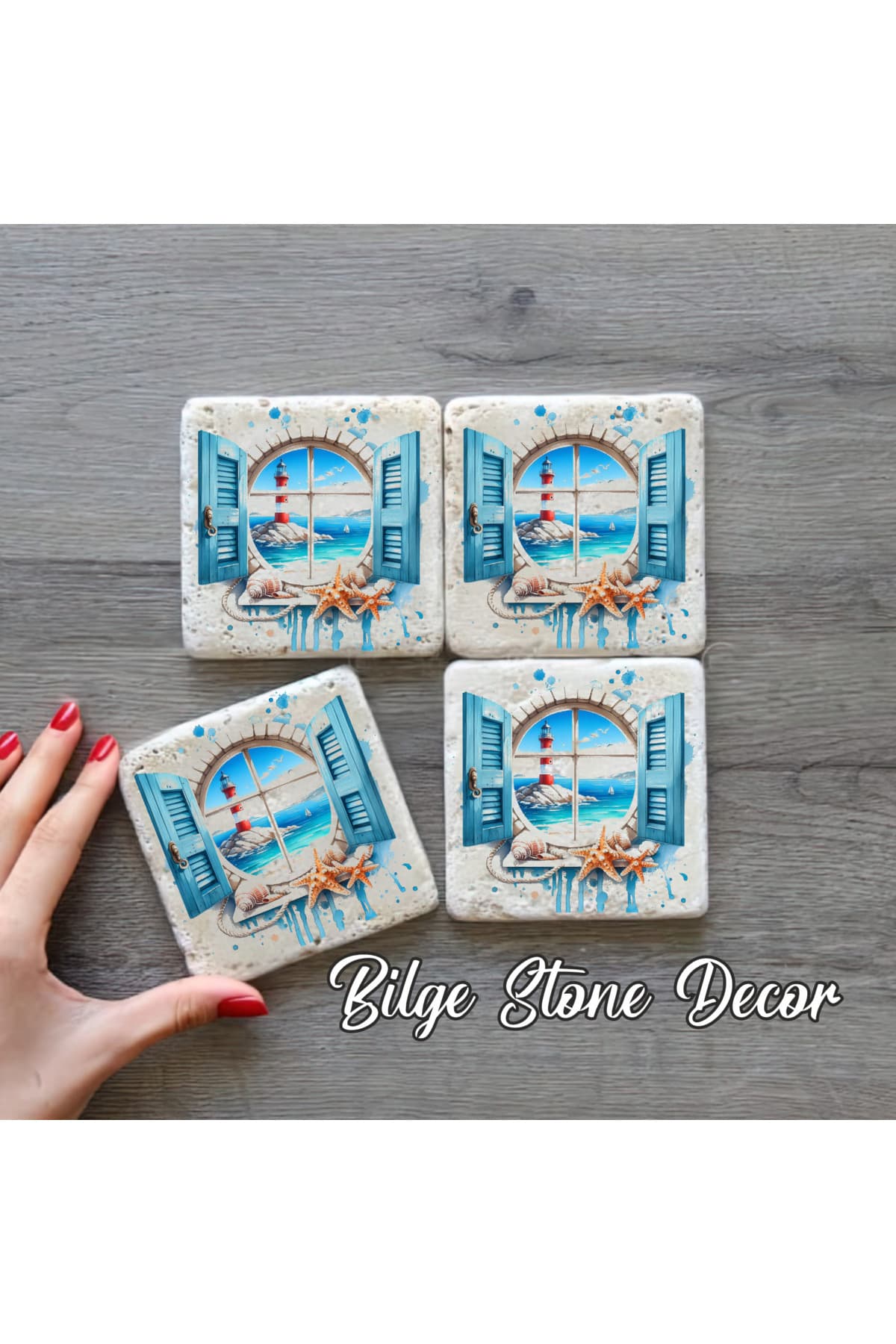 bilge tasarım Stone Decor Taş Bardak Altlığı 4'lü Set 10x10x1 Cm desenli