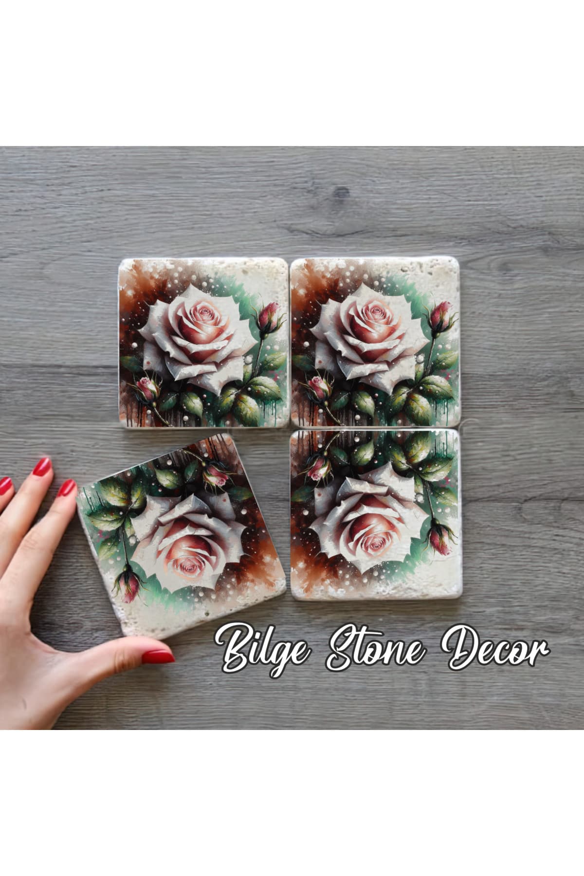bilge tasarım Stone Decor Taş Bardak Altlığı 4'lü Set 10x10x1 Cm desenli