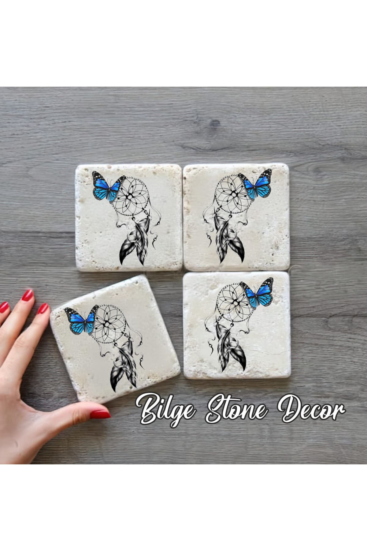 bilge tasarım Stone Decor Taş Bardak Altlığı 4'lü Set 10x10x1 Cm desenli