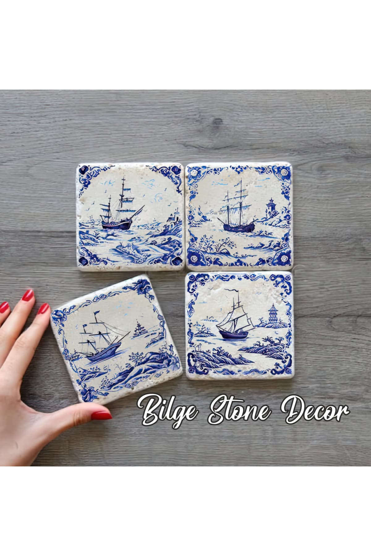 bilge tasarım Stone Decor Taş Bardak Altlığı 4'lü Set 10x10x1 Cm desenli