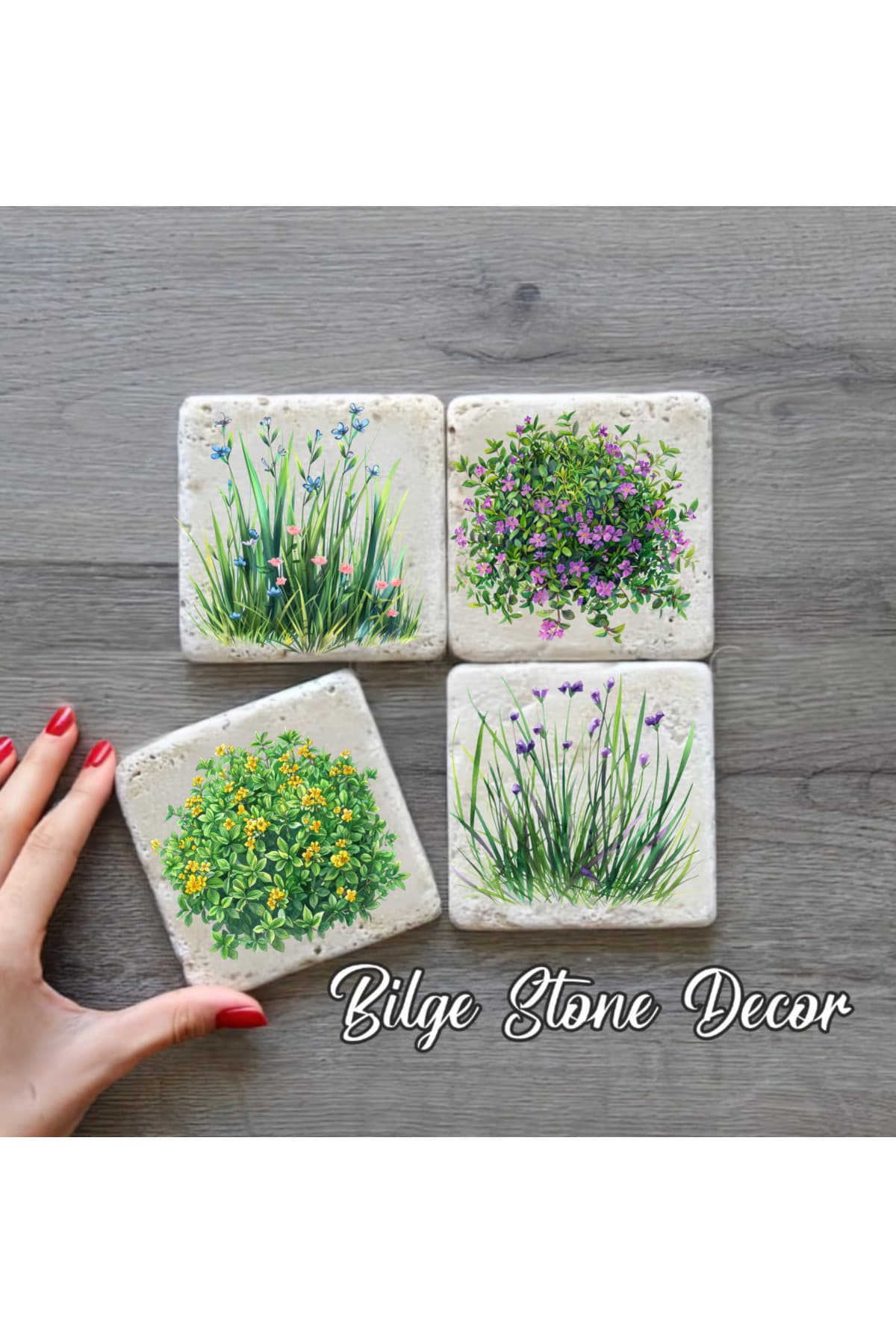 bilge tasarım Stone Decor Taş Bardak Altlığı 4'lü Set 10x10x1 Cm desenli