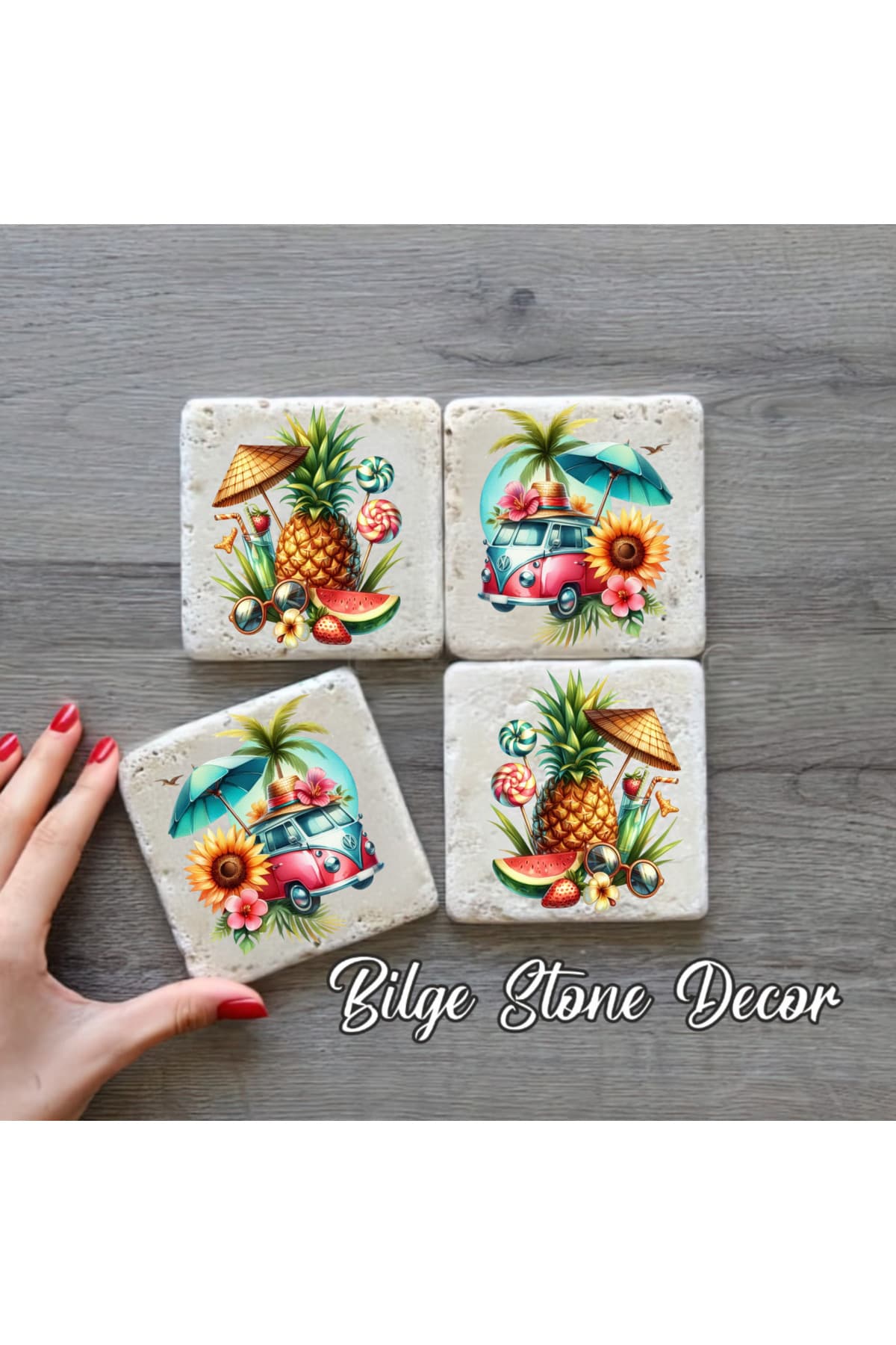 bilge tasarım Stone Decor Taş Bardak Altlığı 4'lü Set 10x10x1 Cm desenli