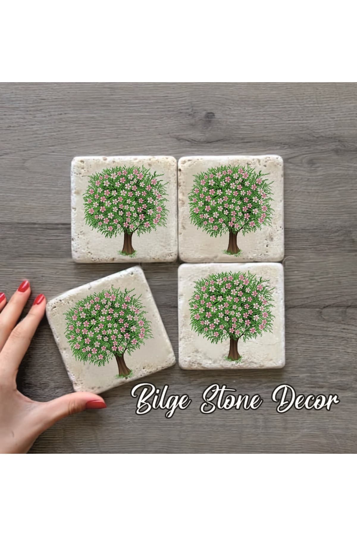 bilge tasarım Stone Decor Taş Bardak Altlığı 4'lü Set 10x10x1 Cm desenli