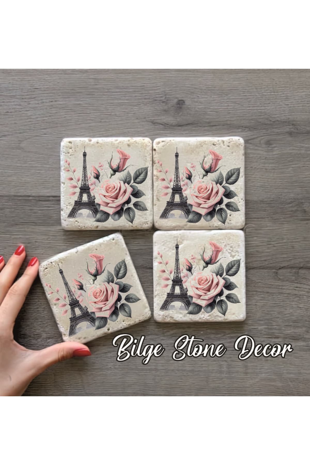 BİLGE tasarım Stone Decor Taş Bardak Altlığı 4'lü Set 10x10x1 Cm desenli