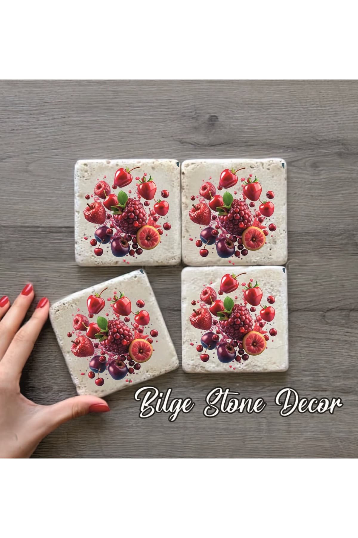 BİLGE tasarım Stone Decor Taş Bardak Altlığı 4'lü Set 10x10x1 Cm desenli