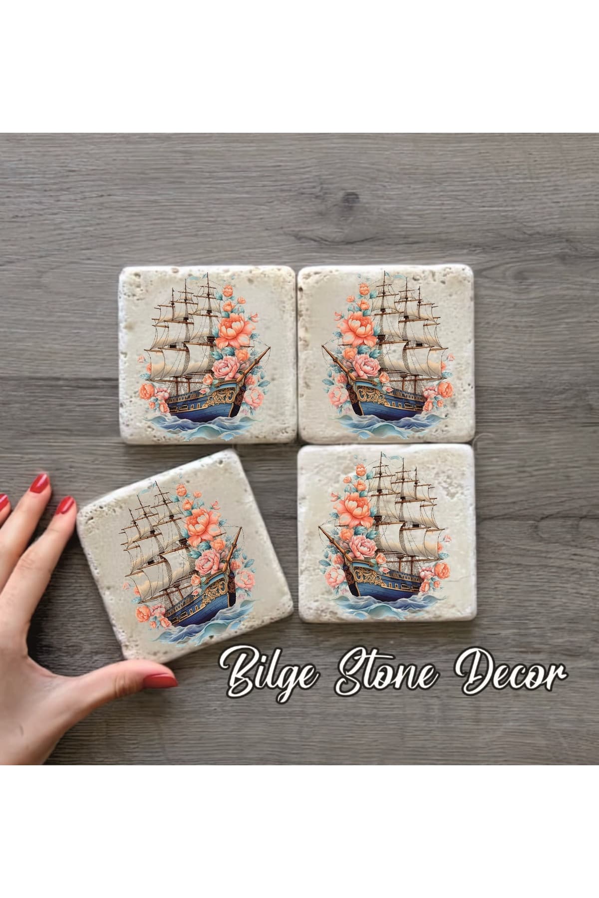 bilge tasarım Stone Decor Taş Bardak Altlığı 4'lü Set 10x10x1 Cm desenli