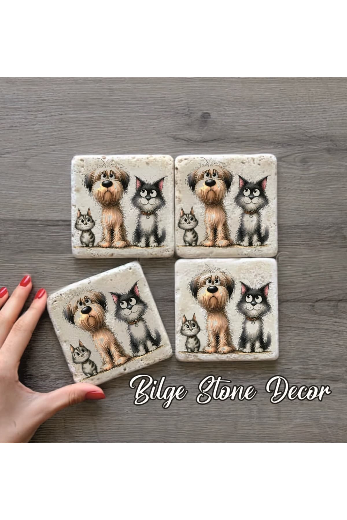 BİLGE tasarım Stone Decor Taş Bardak Altlığı 4'lü Set 10x10x1 Cm desenli
