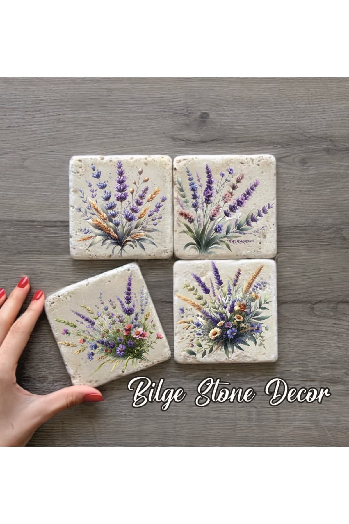 BİLGE tasarım Stone Decor Taş Bardak Altlığı 4'lü Set 10x10x1 Cm desenli