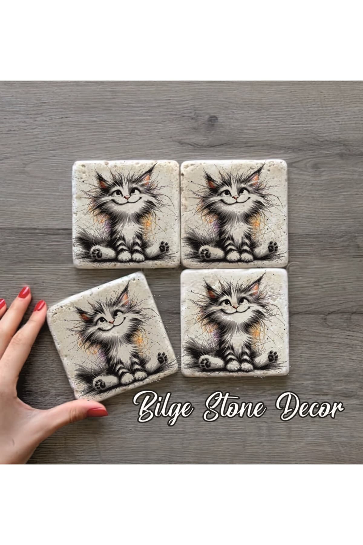 BİLGE tasarım Stone Decor Taş Bardak Altlığı 4'lü Set 10x10x1 Cm desenli