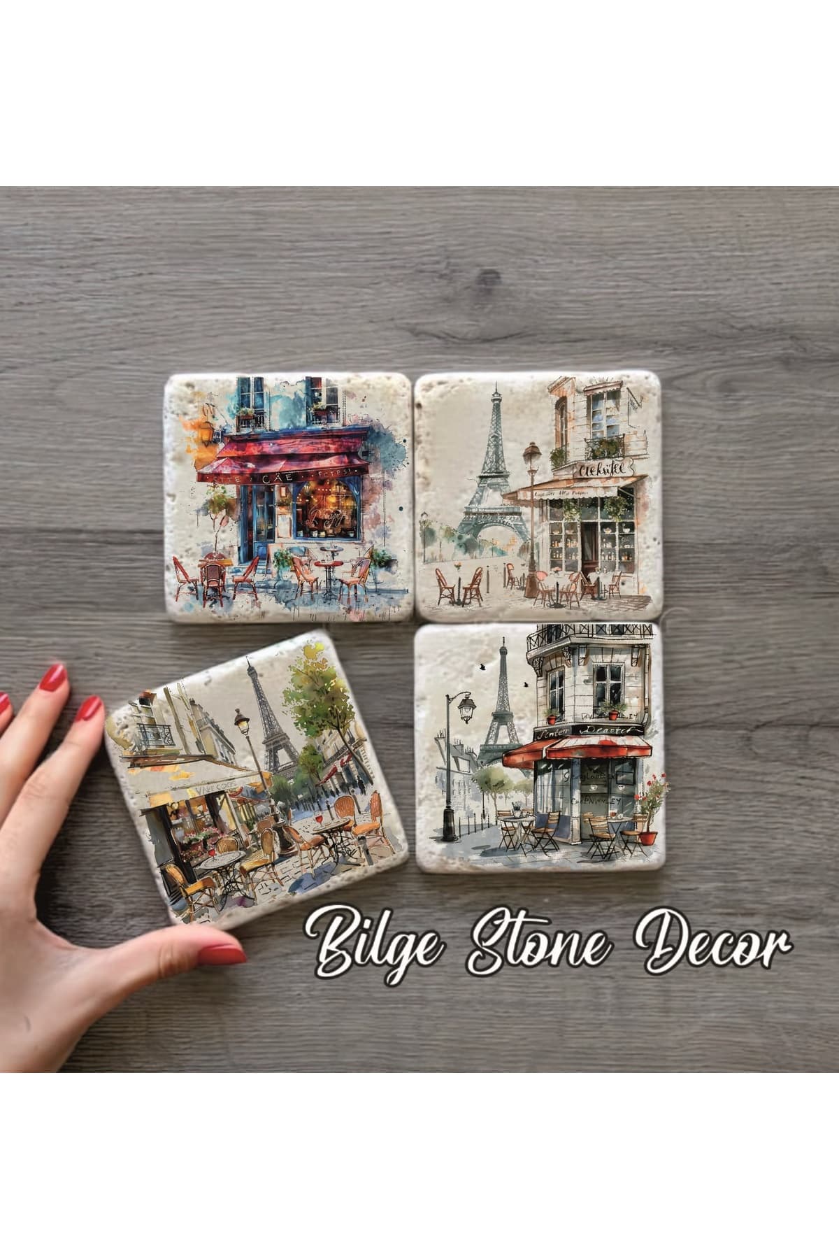 BİLGE tasarım Stone Decor Taş Bardak Altlığı 4'lü Set 10x10x1 Cm desenli