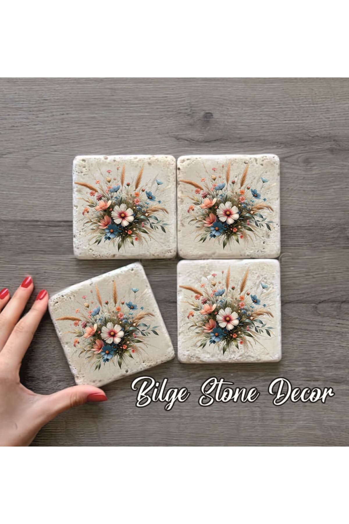 BİLGE tasarım Stone Decor Taş Bardak Altlığı 4'lü Set 10x10x1 Cm desenli