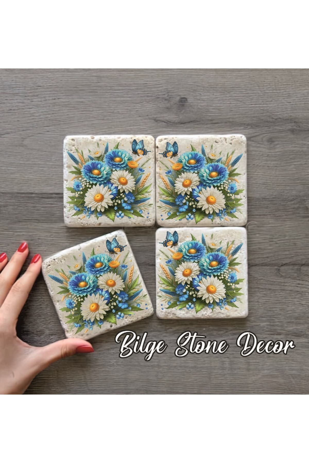 bilge tasarım Stone Decor Taş Bardak Altlığı 4'lü Set 10x10x1 Cm desenli