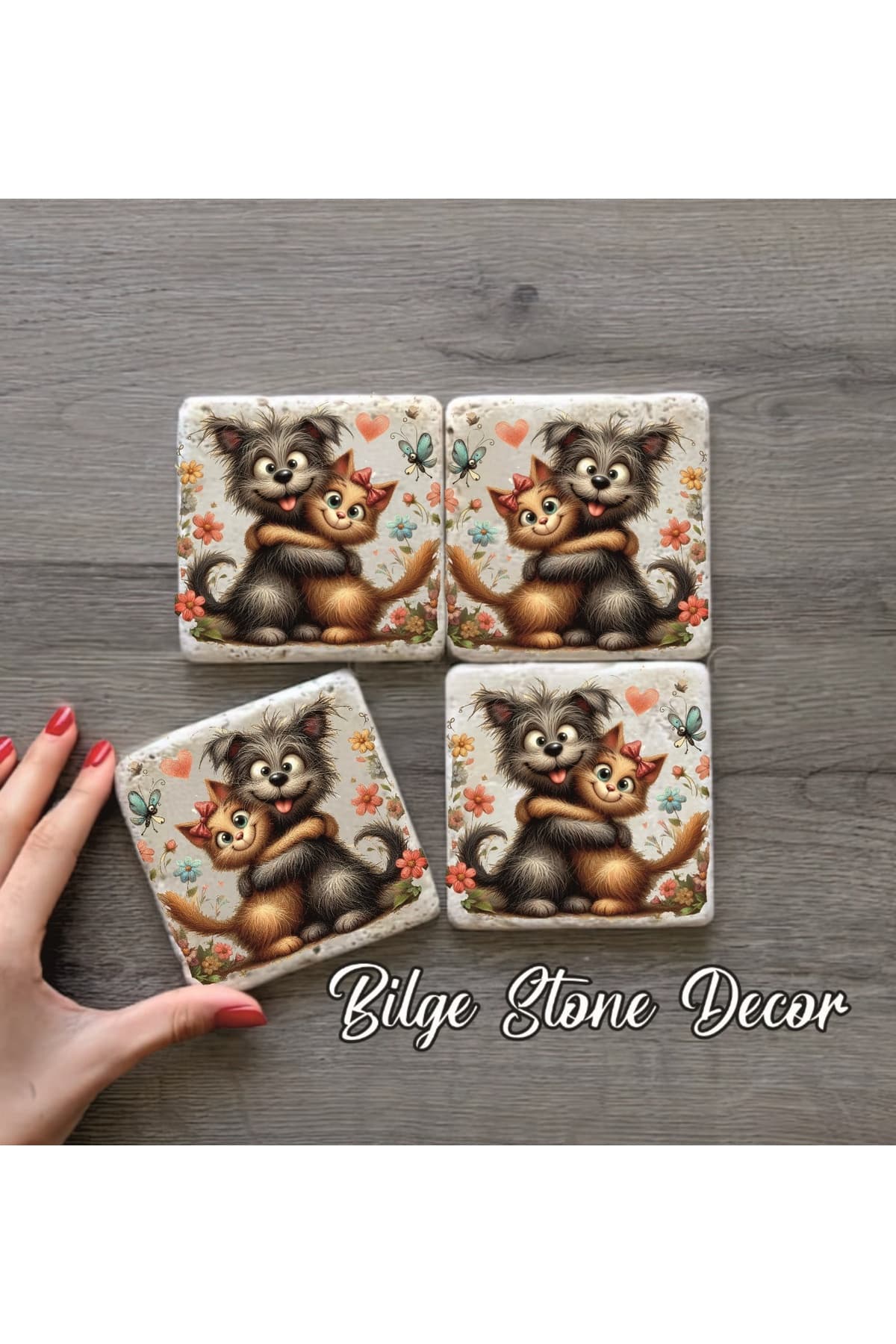 BİLGE tasarım Stone Decor Taş Bardak Altlığı 4'lü Set 10x10x1 Cm desenli