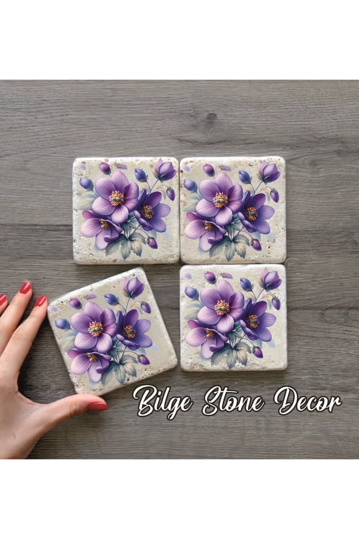 BİLGE tasarım Stone Decor Taş Bardak Altlığı 4'lü Set 10x10x1 Cm desenli