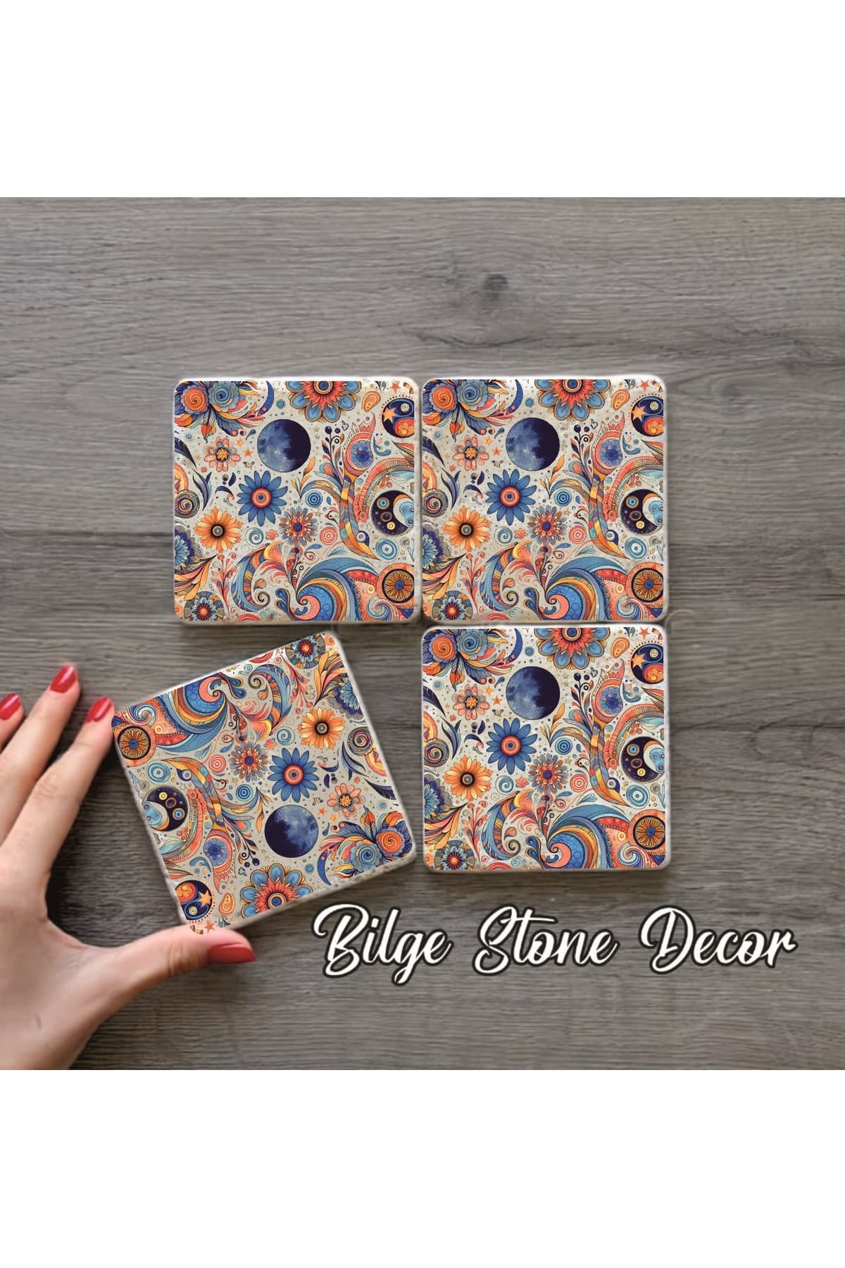 BİLGE tasarım Stone Decor Taş Bardak Altlığı 4'lü Set 10x10x1 Cm desenli