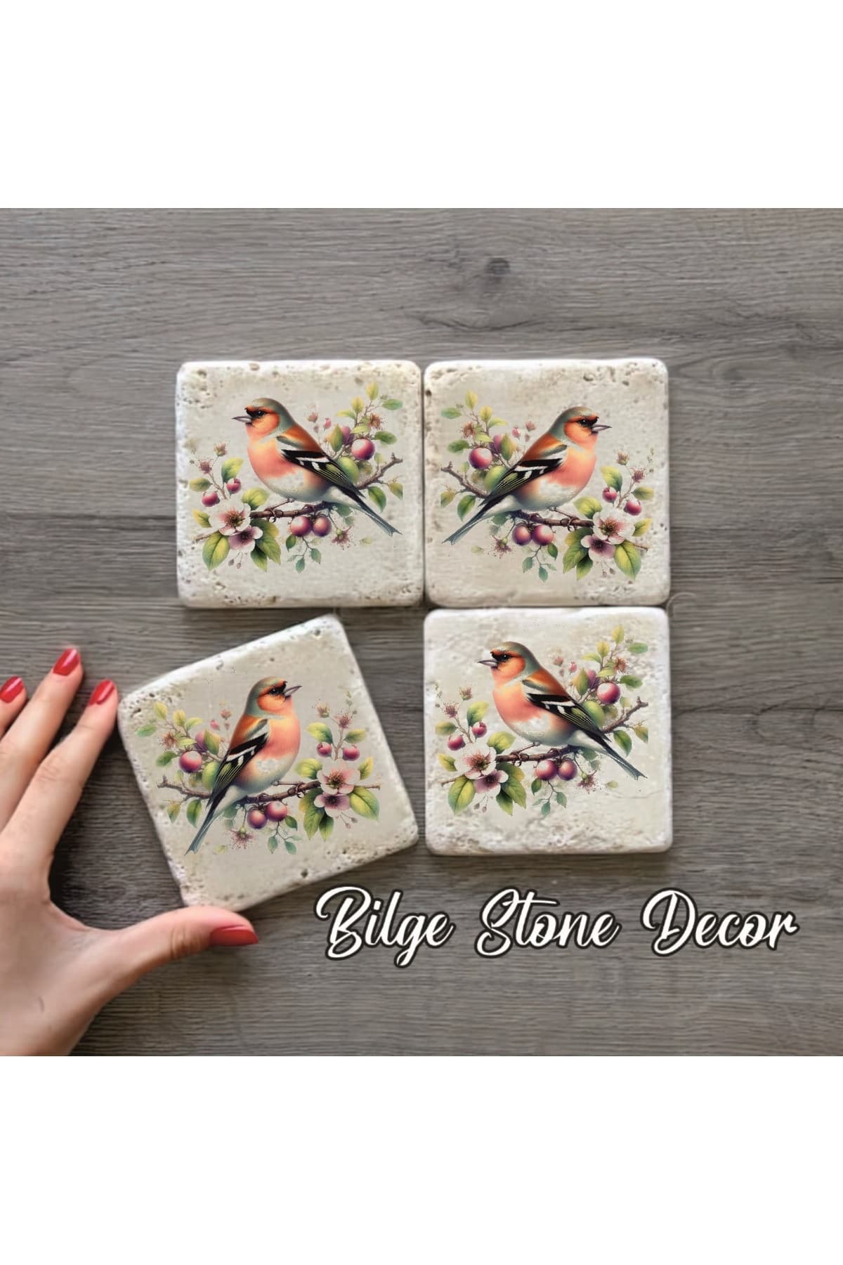 BİLGE tasarım Stone Decor Taş Bardak Altlığı 4'lü Set 10x10x1 Cm desenli