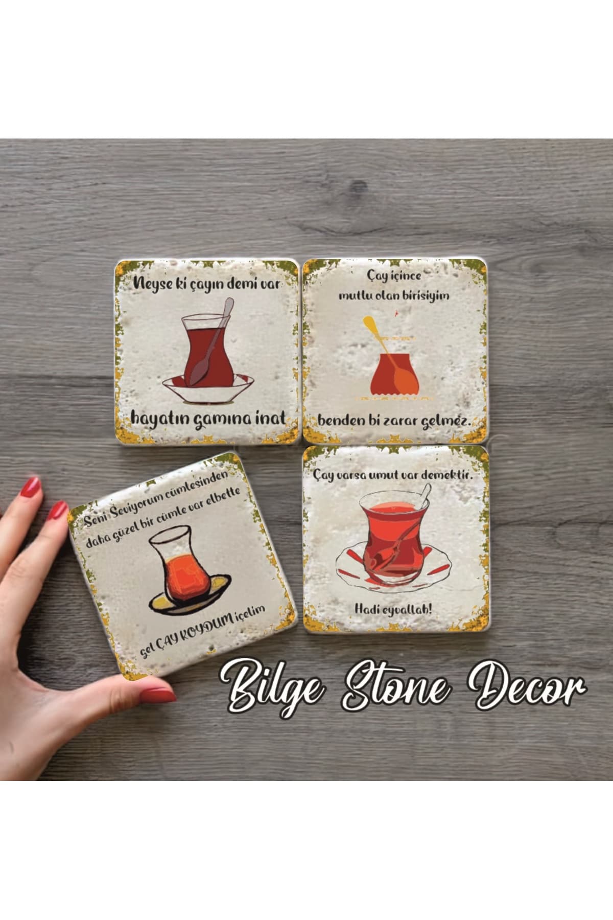 BİLGE Stone decor Çayla Ilgili Güzel Sözler Temalı Taş Bardak Altlığı 4'lü Set 10x10x1 Cm desenli
