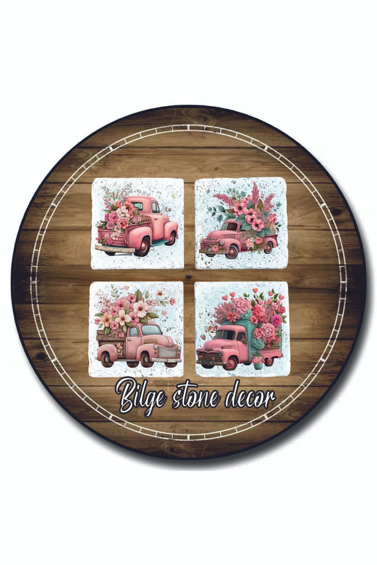 Bilge Stone Decor Taş Bardak Altlığı 4'lü Set 10x10x1 Cm Desenli