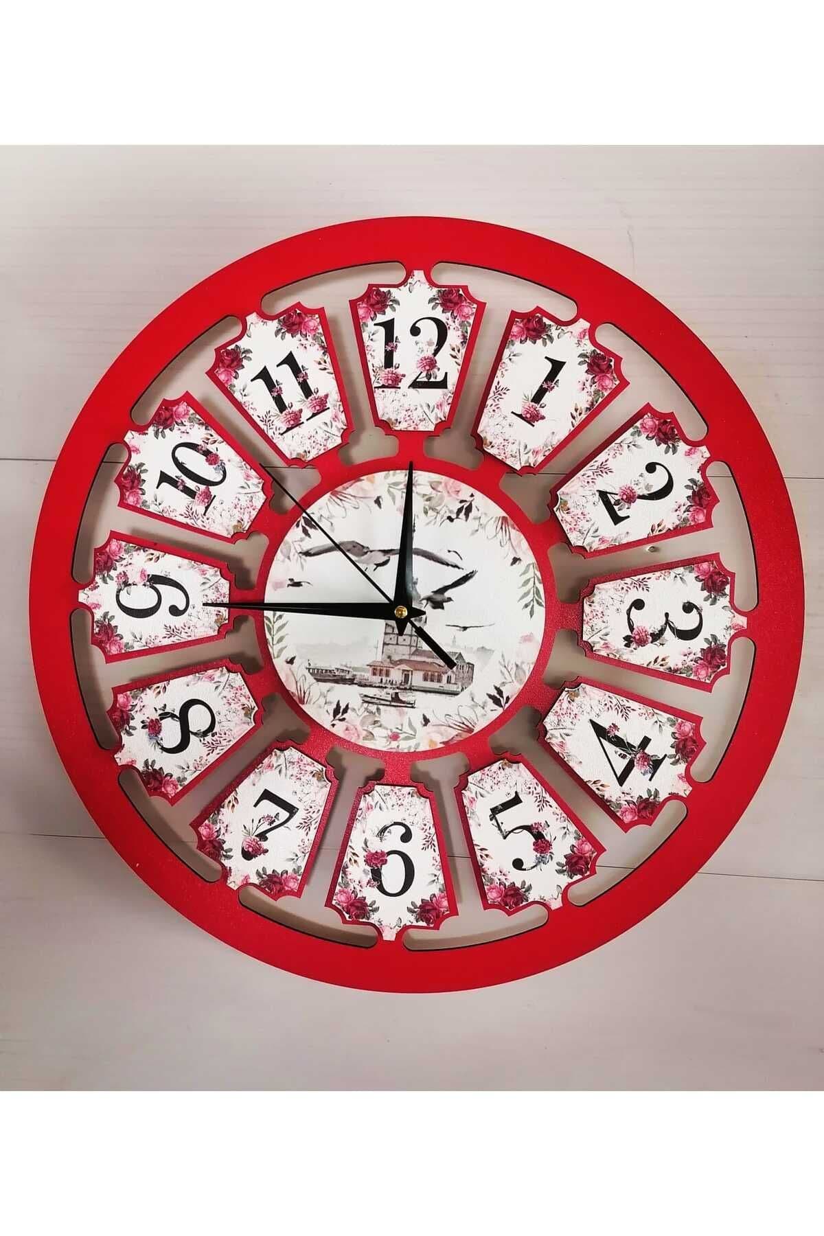 bilge Tasarım Çiçek detaylı Favori KIRMIZI Duvar Saati 40 x 40 CM