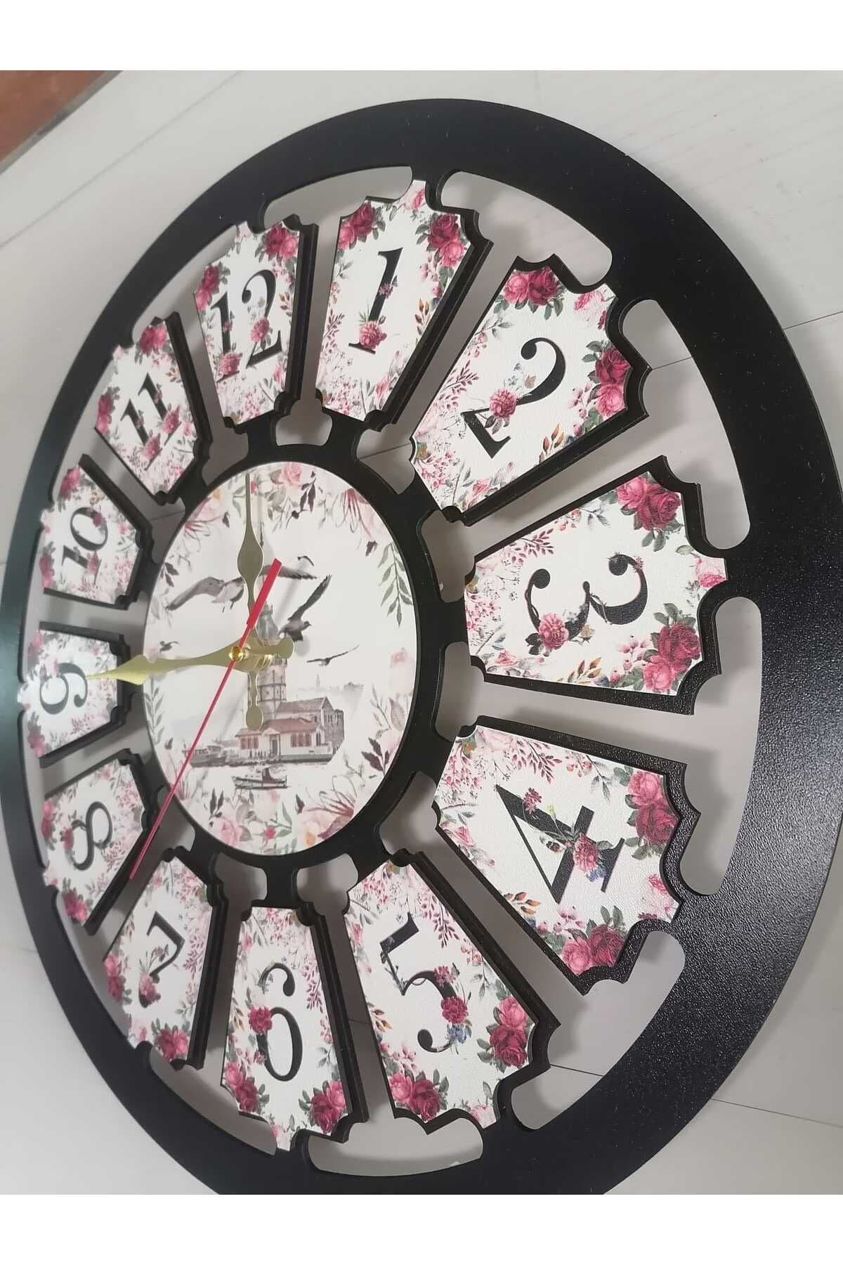 bilge Tasarım Çiçek detaylı Favori SİYAH Duvar Saati 40 x 40 CM - Detay