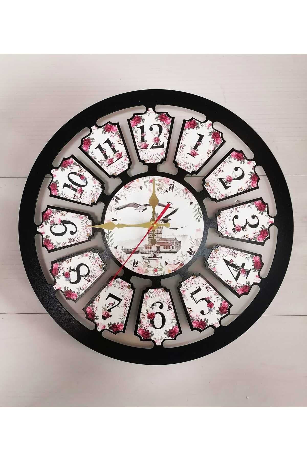 bilge Tasarım Çiçek detaylı Favori SİYAH Duvar Saati 40 x 40 CM