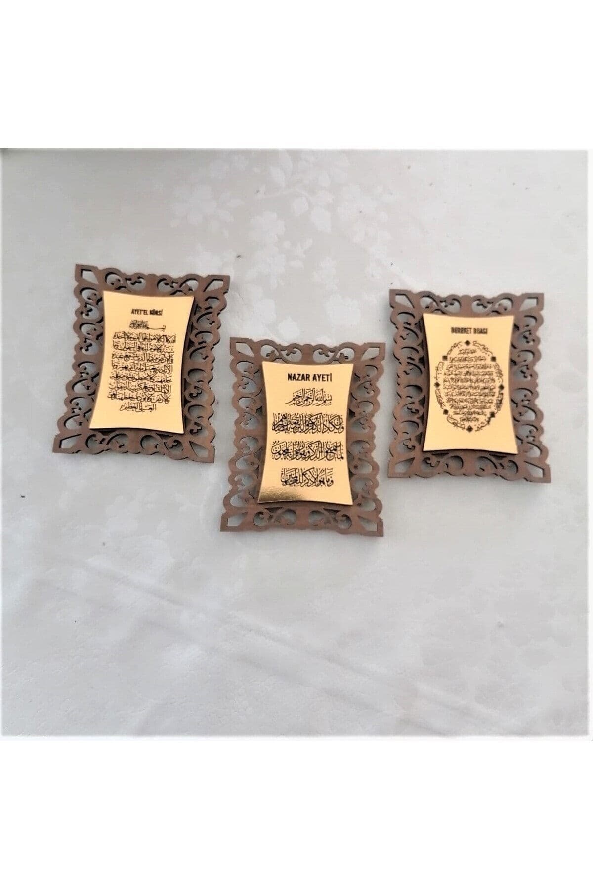 BİLGE LAZER Bereket Duası ,Ayetel Kürsi Ve Nazar Dualı gold ayna detaylı Ahşap Magnet 3 adet