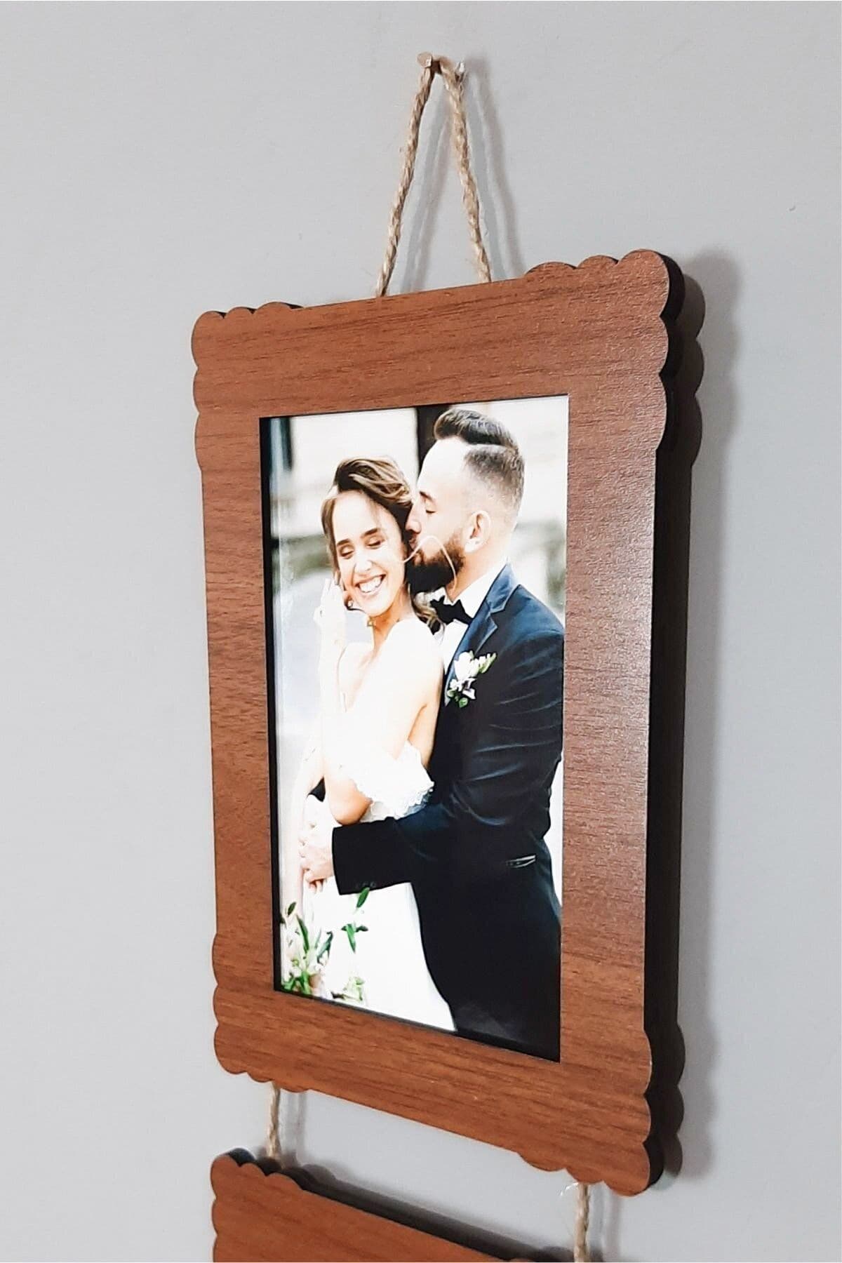 Bilge Ahşap 3'lü 10x15 Cm Hasır Ipli Fotoğraf Askılık Dikey- Renk Ceviz - Detay
