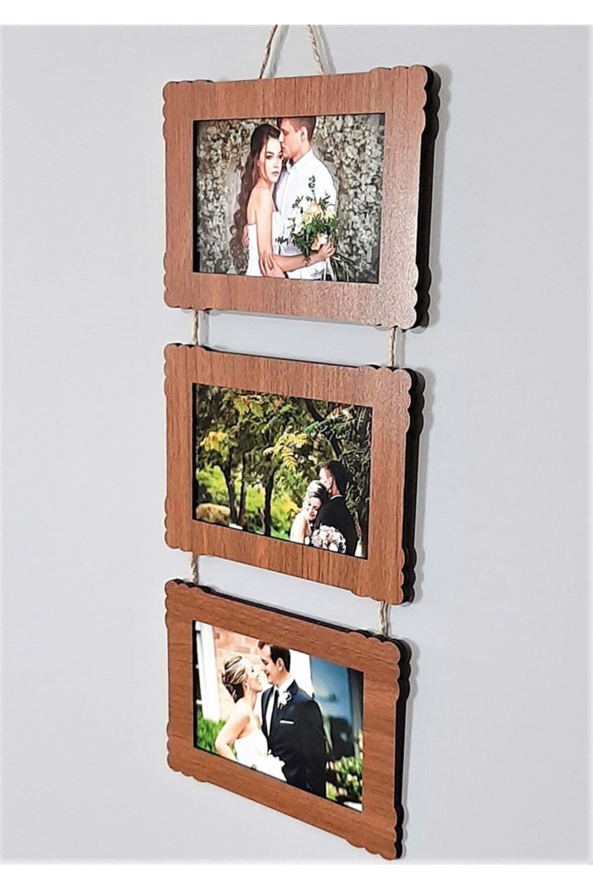Bilge Ahşap 3'lü 10x15 Cm Hasır Ipli Fotoğraf Askılık Yatay- Renk Ceviz