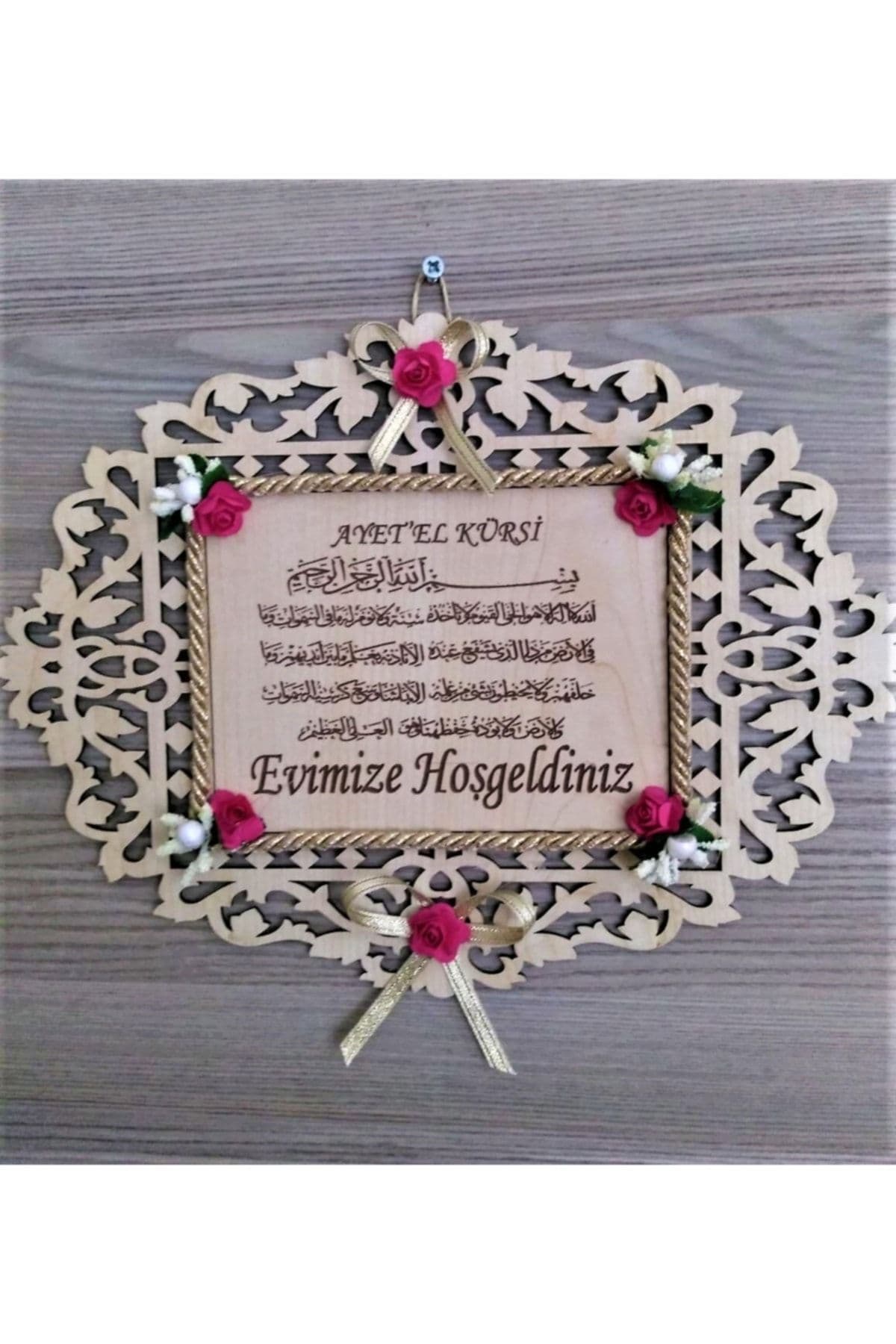 Bilge Ahşap Çiçekli Dualı Kapı Duvar Süsü Evimize Hoşgeldiniz Detaylı