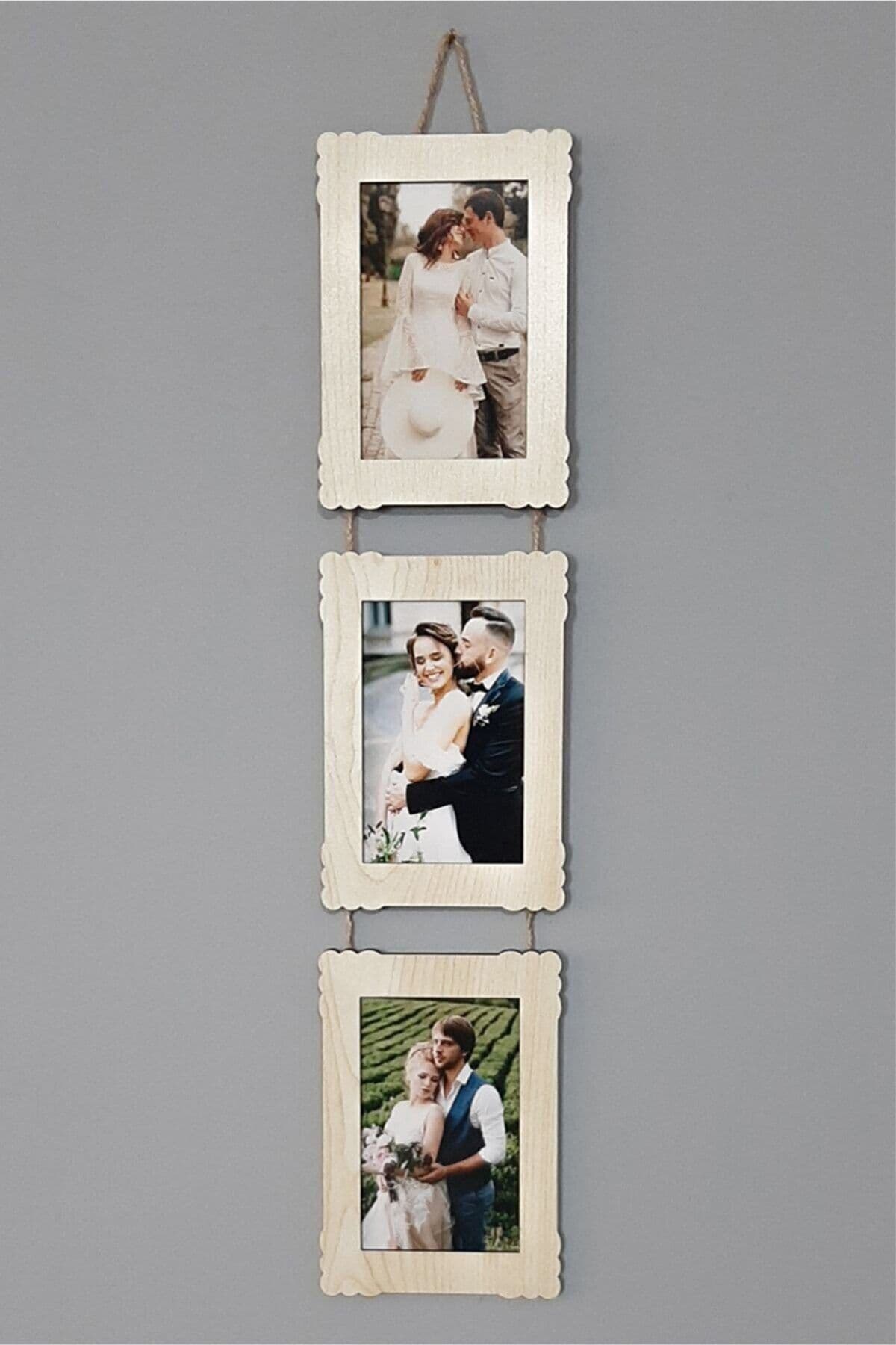 Bilge Ahşap 3'lü 10x15 Cm Hasır Ipli Fotoğraf Askılık Dikey- Akçaagaç